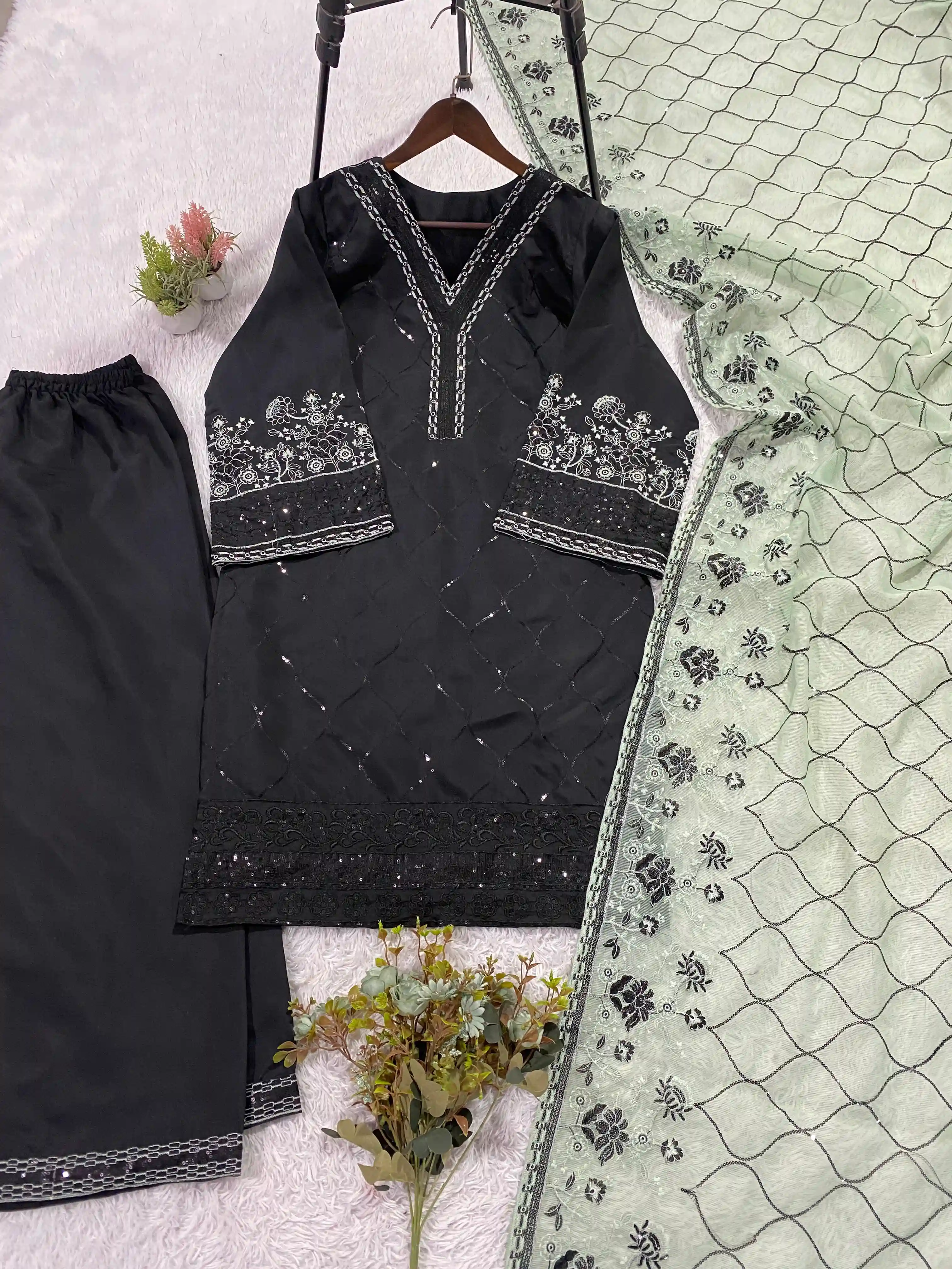 Designer Sequence Embroidered Top Palazzo With Dupatta Collection