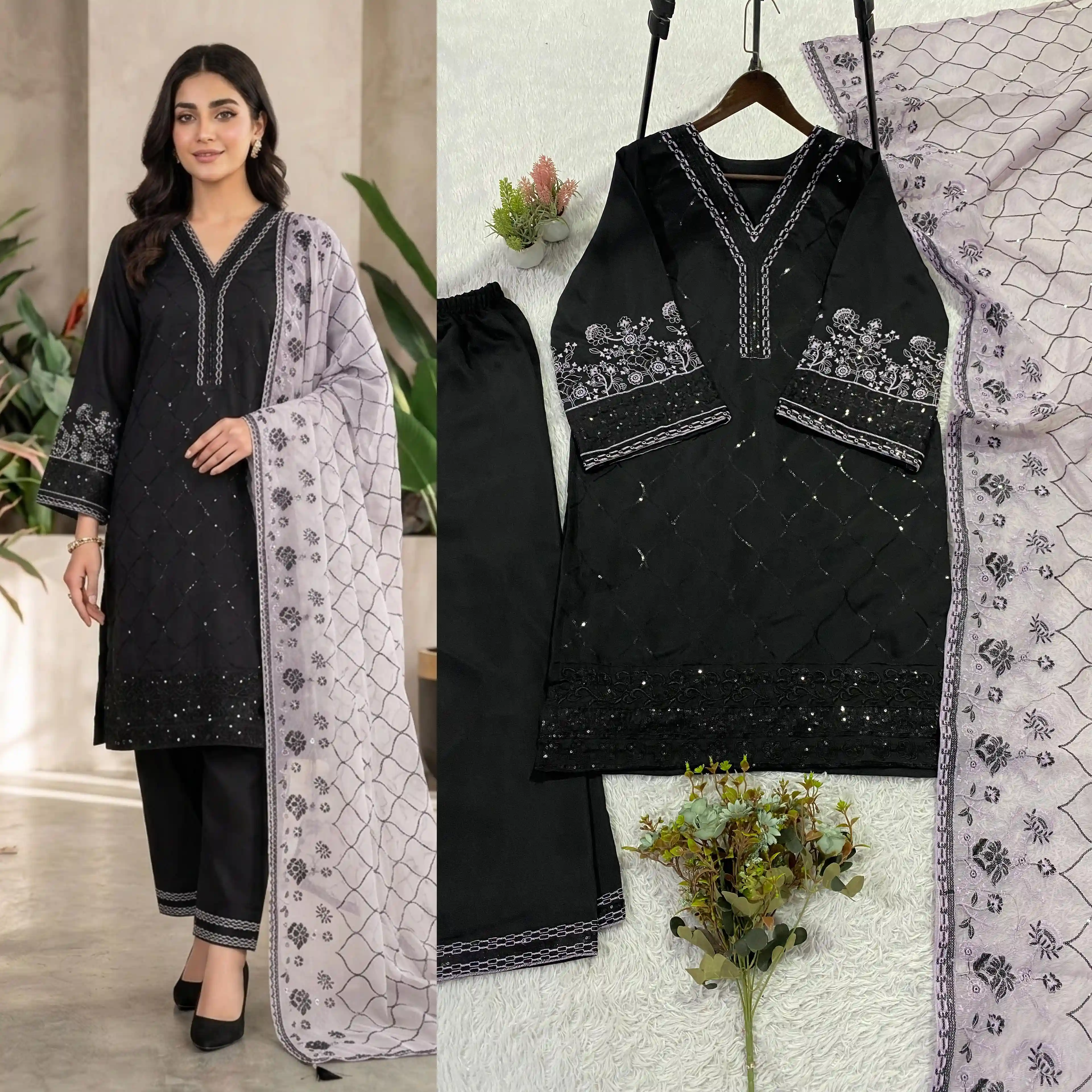 Designer Sequence Embroidered Top Palazzo With Dupatta Collection