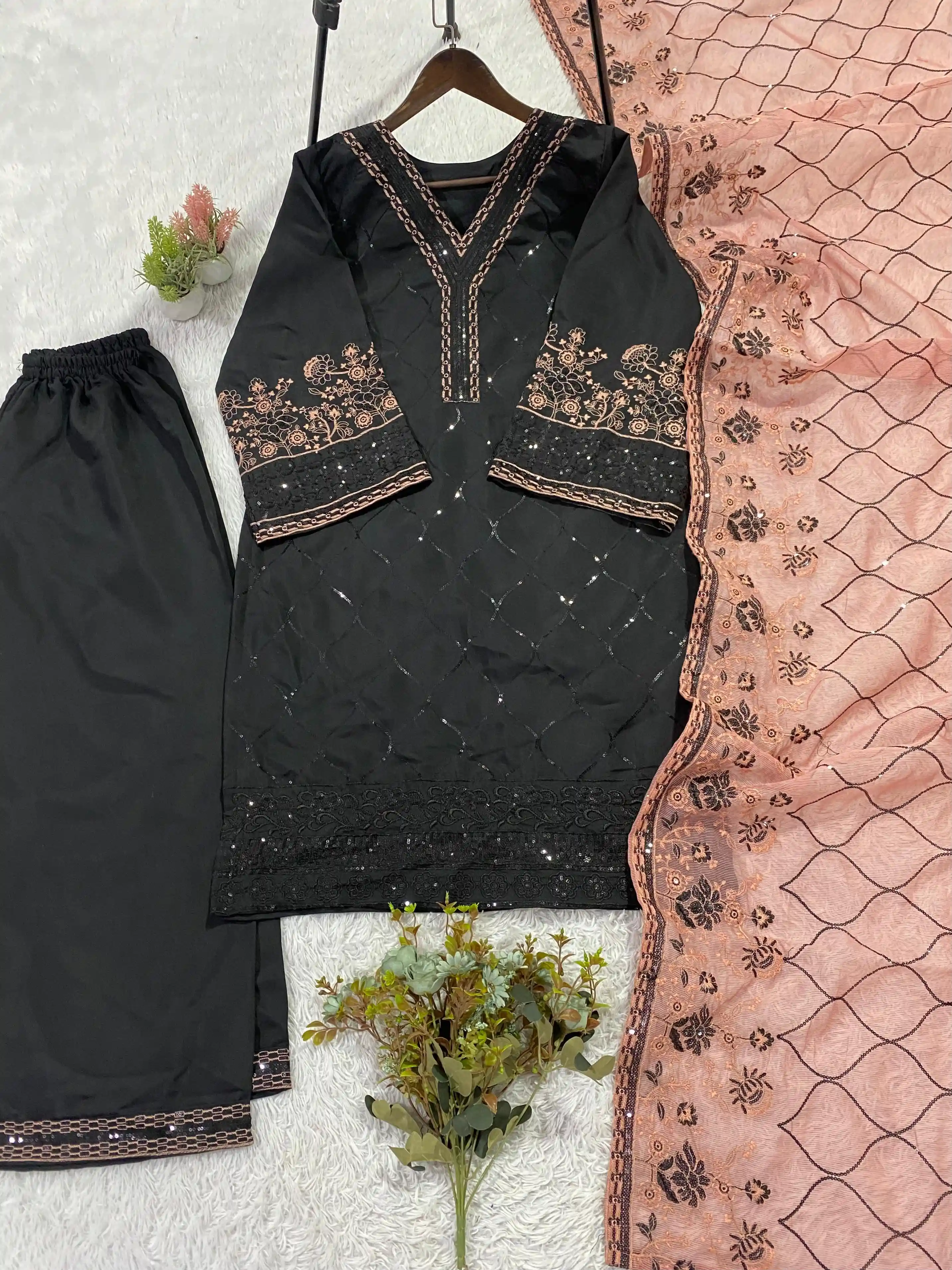 Designer Sequence Embroidered Top Palazzo With Dupatta Collection