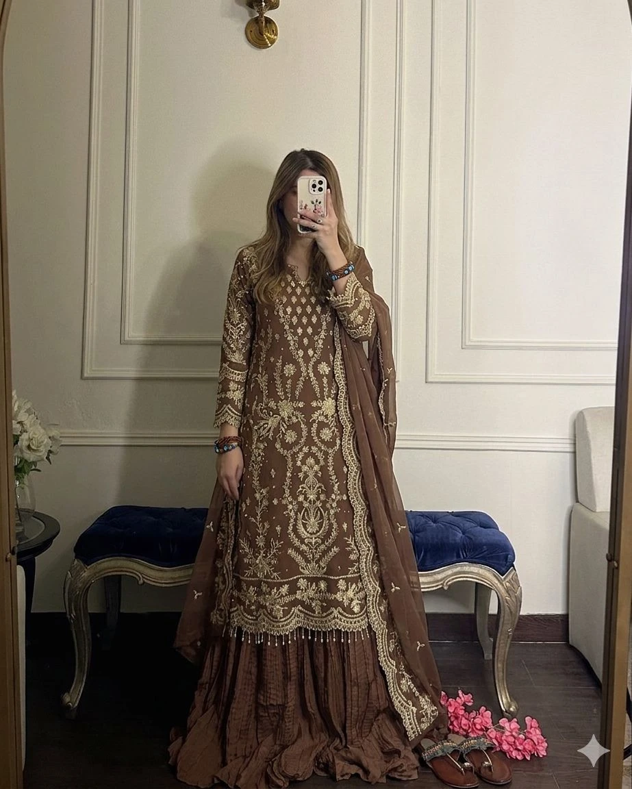 Exclusive Designer Heavy Faux Georgette Top Palazzo & Dupatta Set