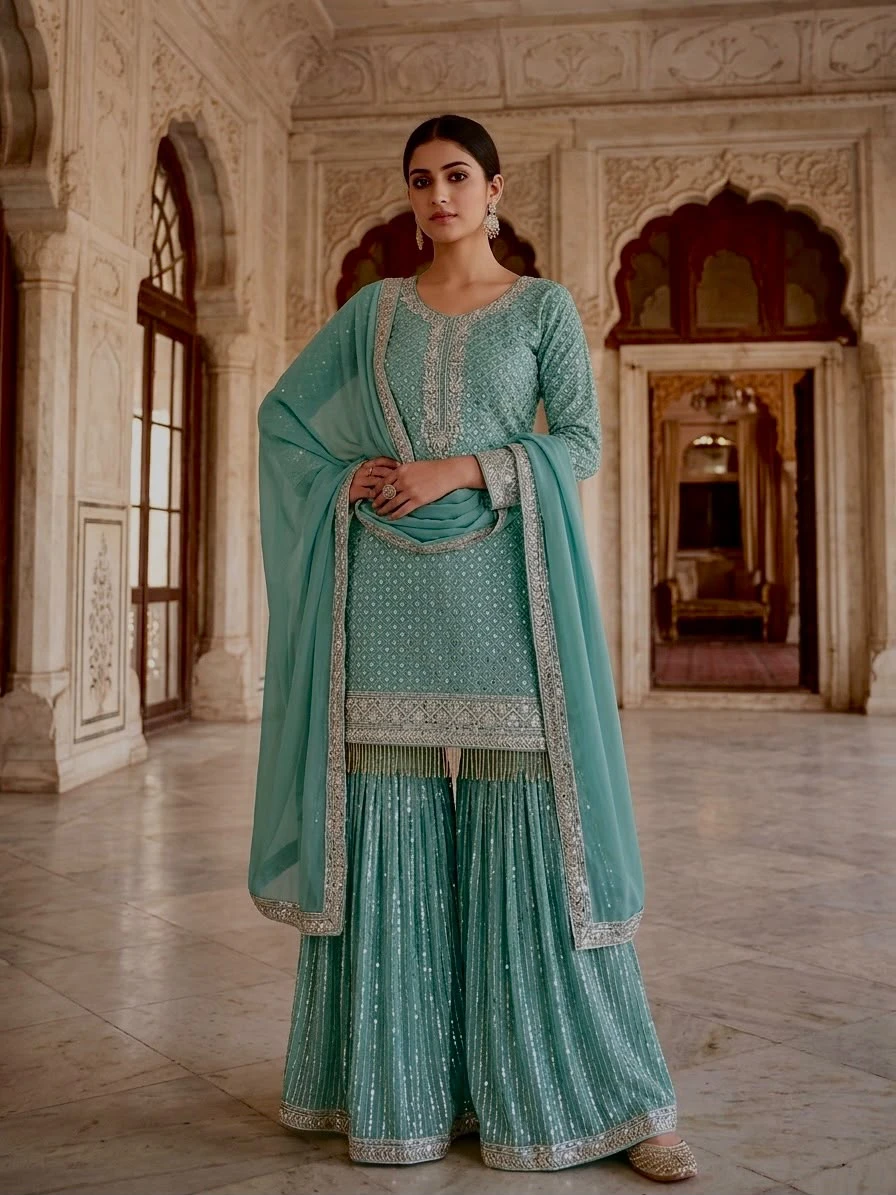 Fancy Heavy Embroidery & Sequins Work Top Sharara Set