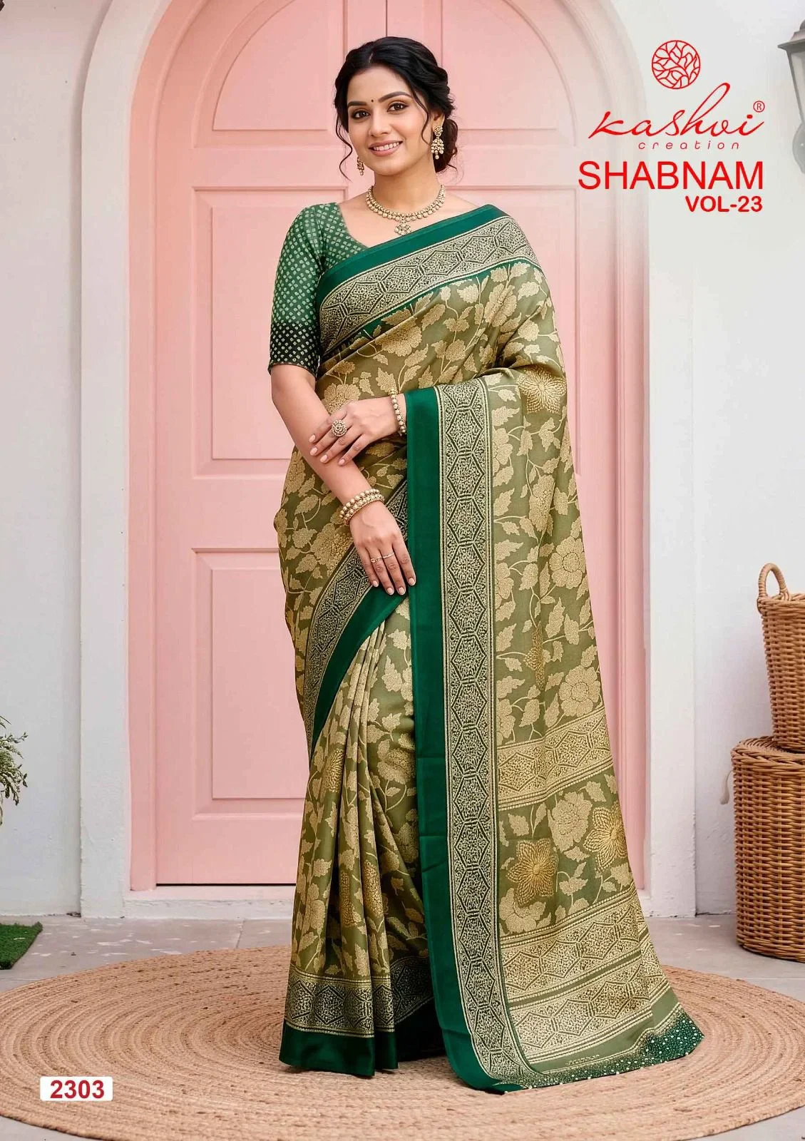 Kashvi Shabnam Vol 23 Dull Moss Foil Printed Saree Collection