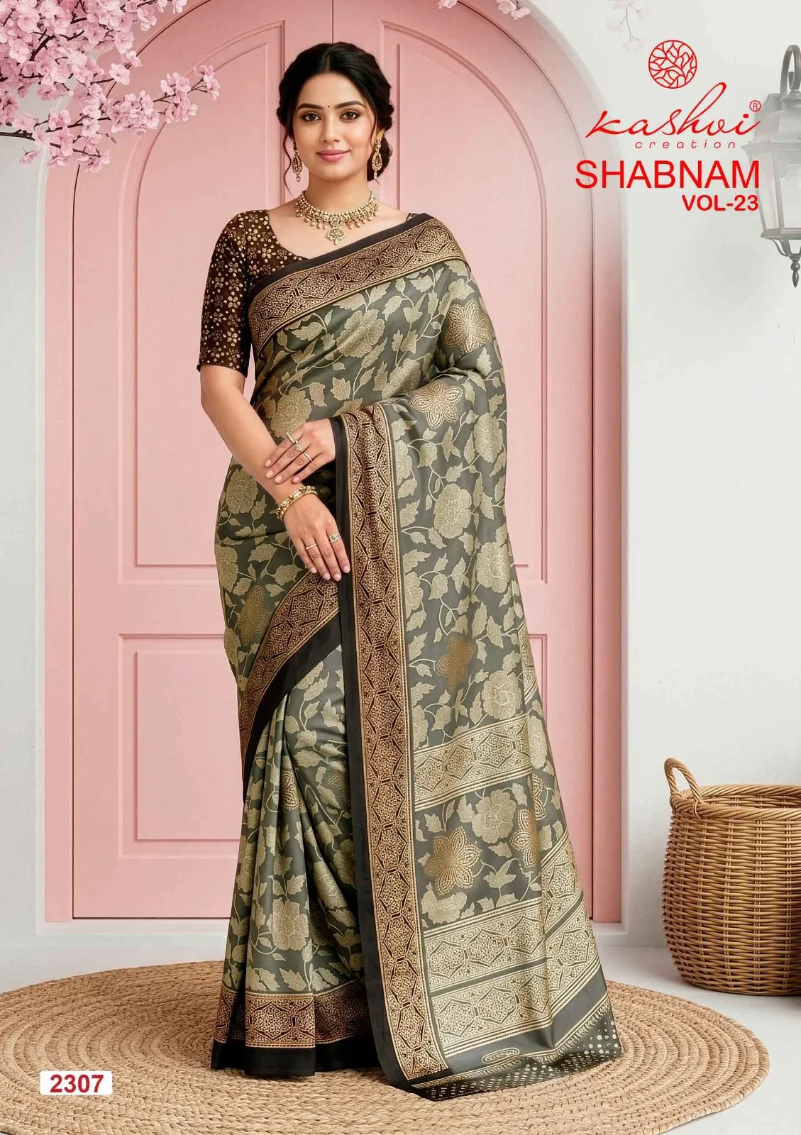 Kashvi Shabnam Vol 23 Dull Moss Foil Printed Saree Collection