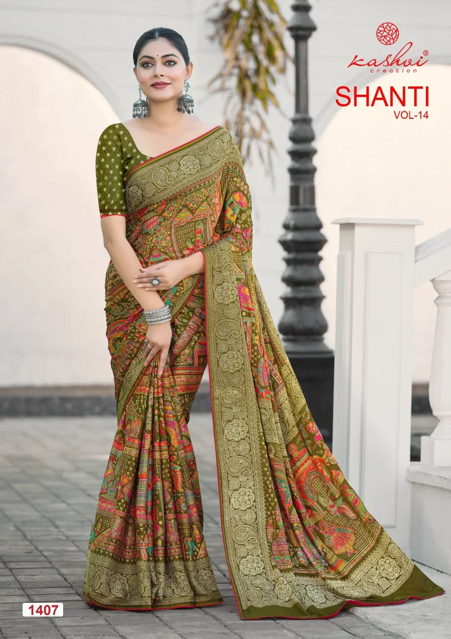 Kashvi Shanti Vol 14 Bright Moss Foil Printed Saree Collection