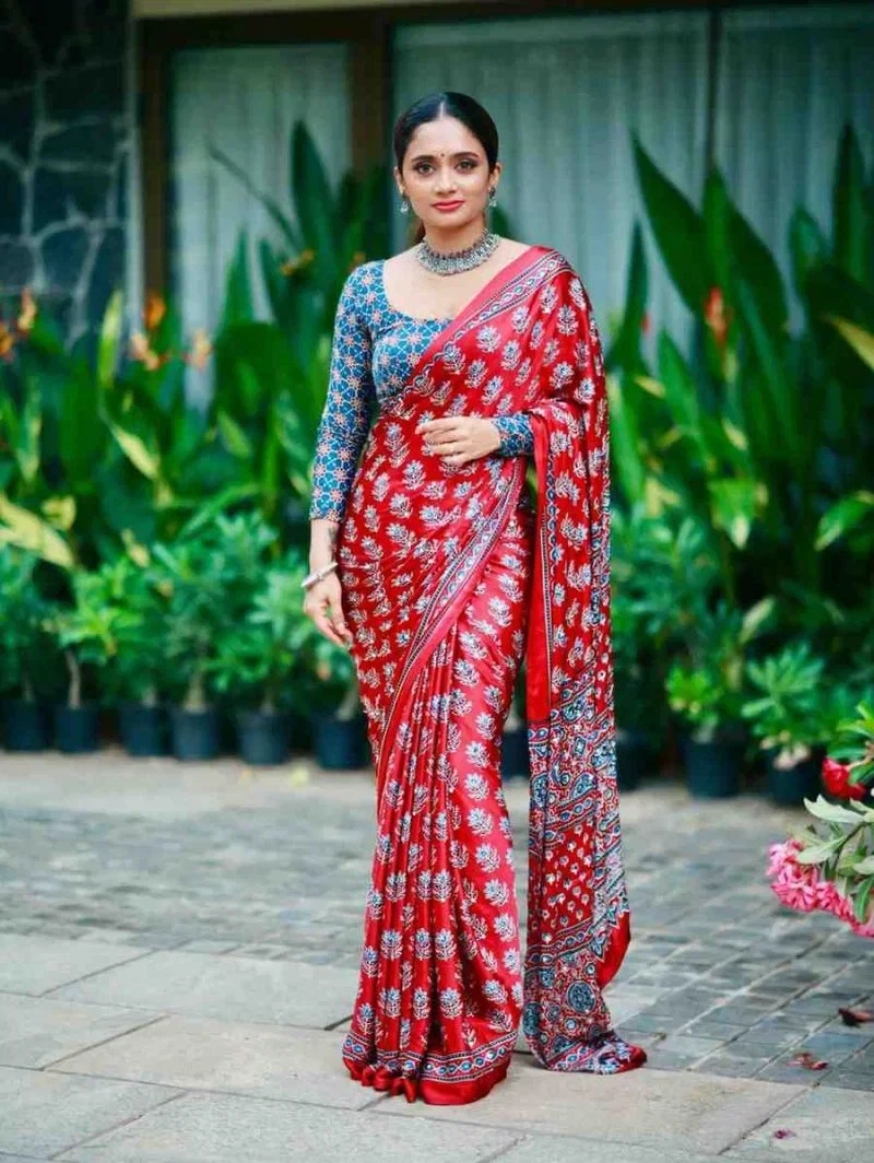 Kc 2145 Soft Satin Crepe Ajrakh Printed Saree Collection