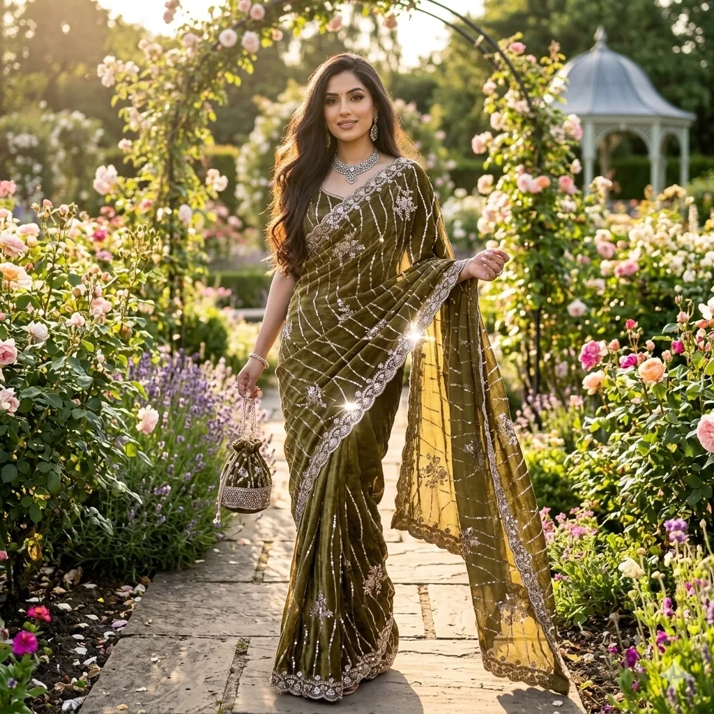 Kc 942 Nc Moss Silk Handworked Saree Collection