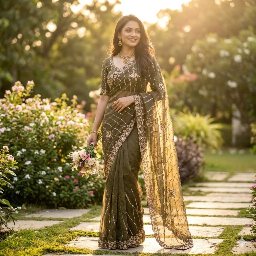 Kc 942 Nc Moss Silk Handworked Saree Collection