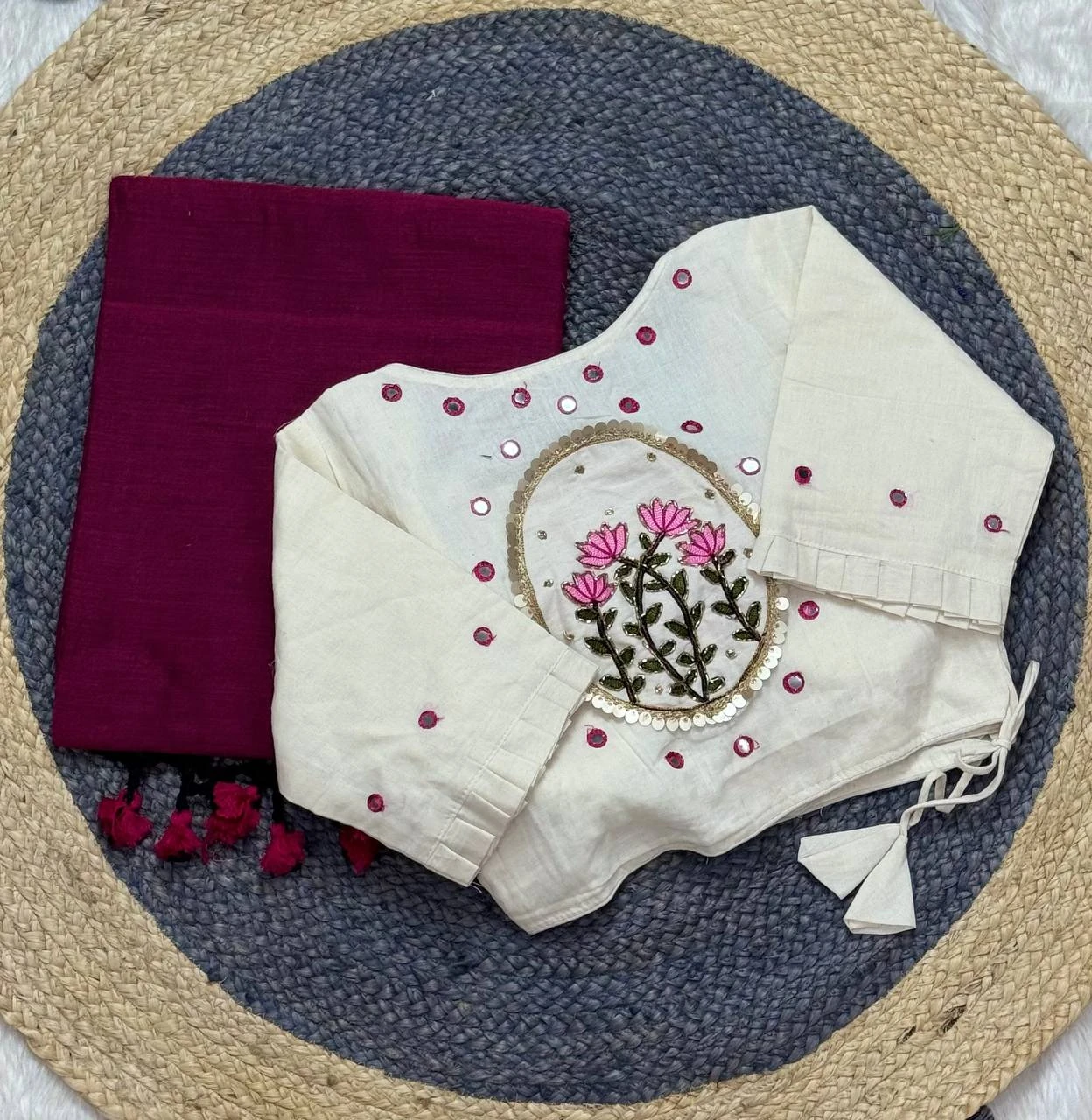 Khadi White Love Cotton Saree with Embroidered Blouse Collection