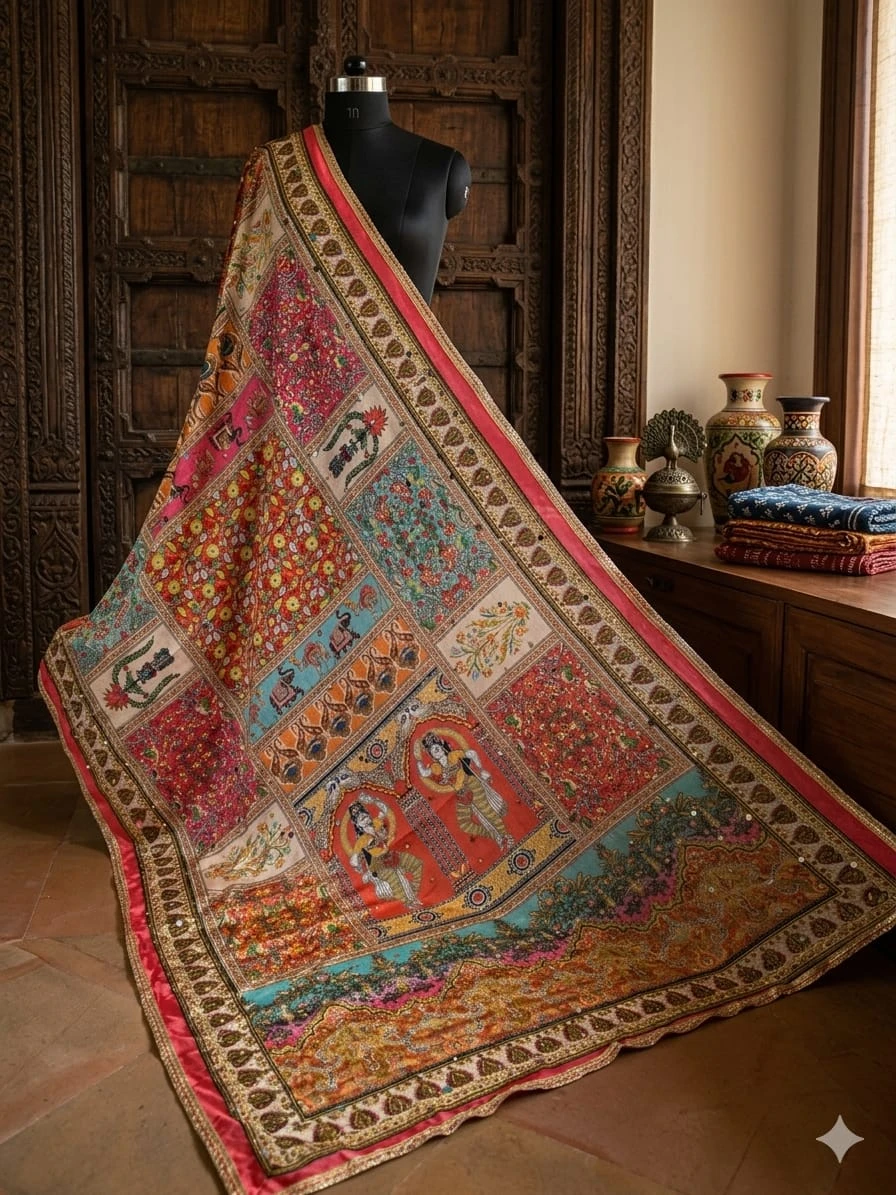 Multicolor Mirror & Pearl Work Printed Pakistani Original Heavy Silk Dupatta