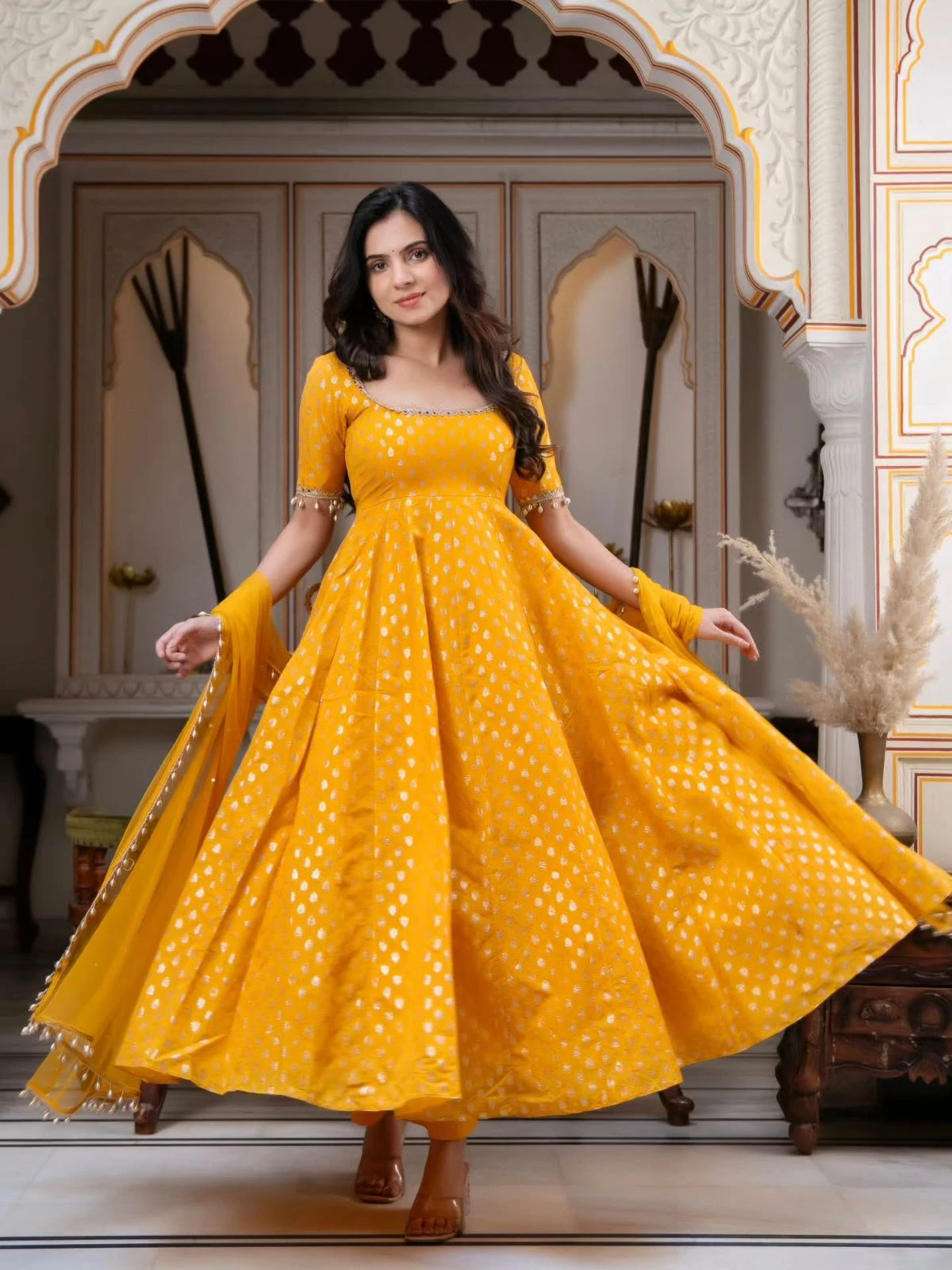 One Level Up Chanderi Jacquard Butti Gown Set