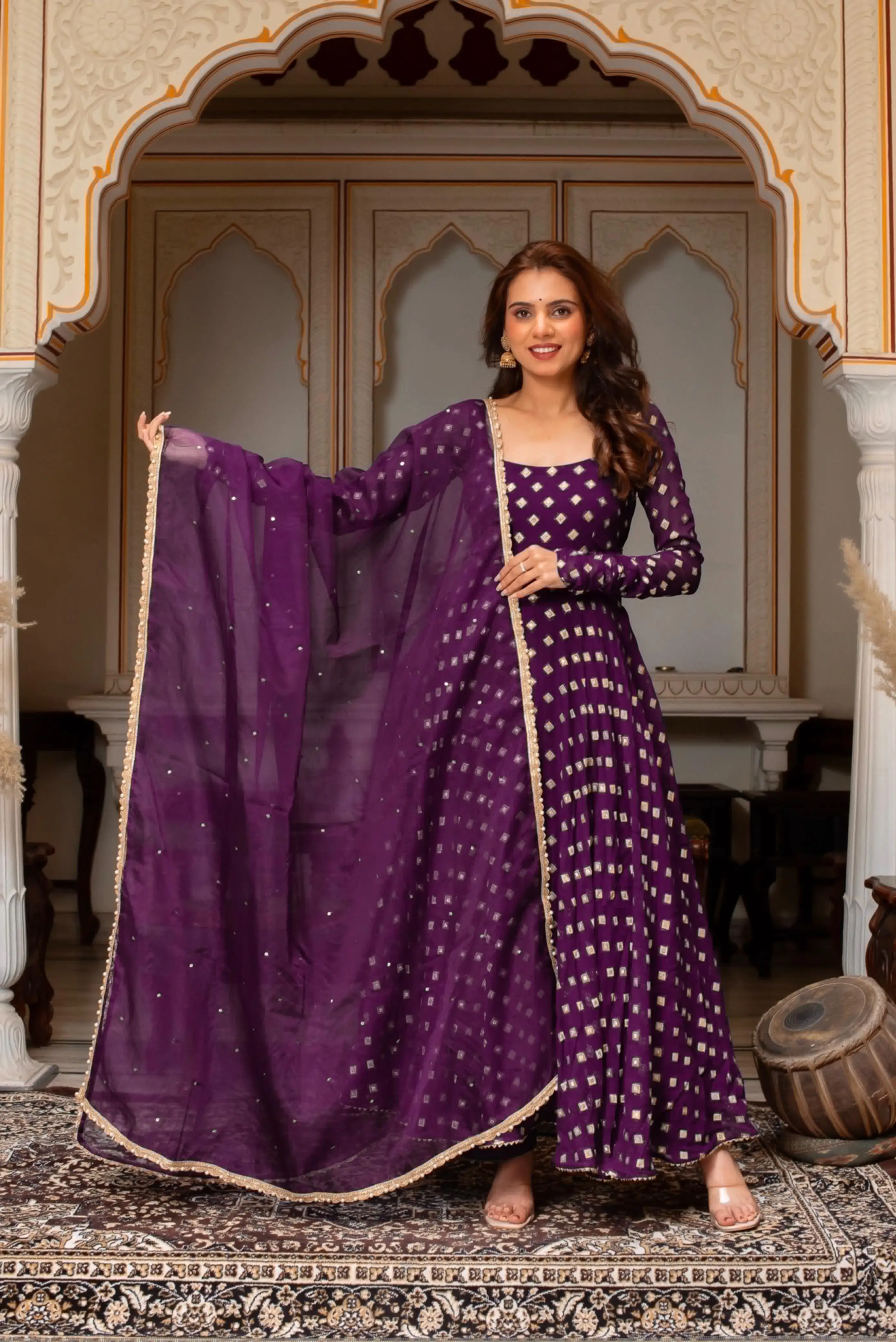 One Level Up Chanderi Jacquard Butti Gown Set