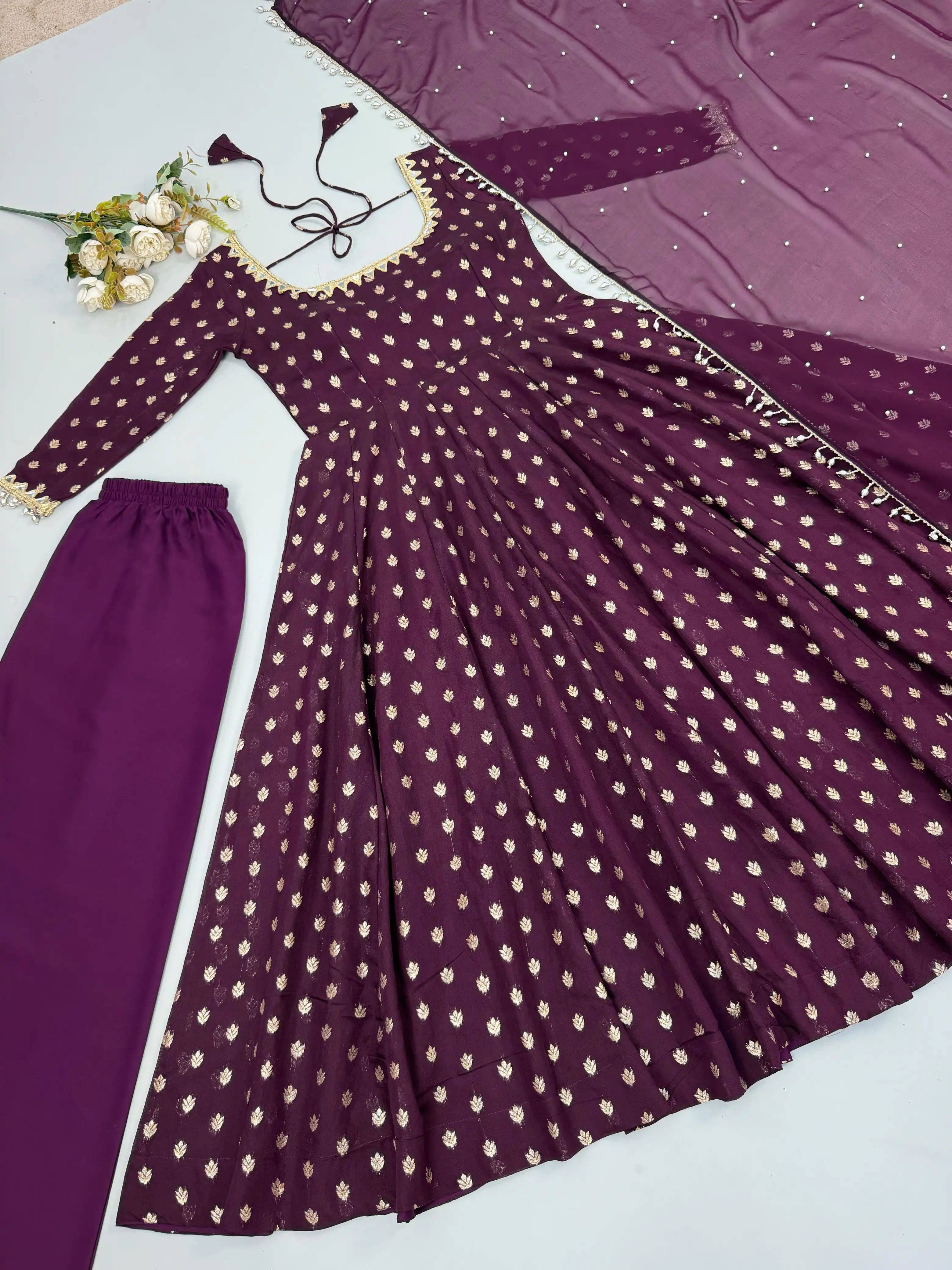 One Level Up Chanderi Jacquard Butti Gown Set