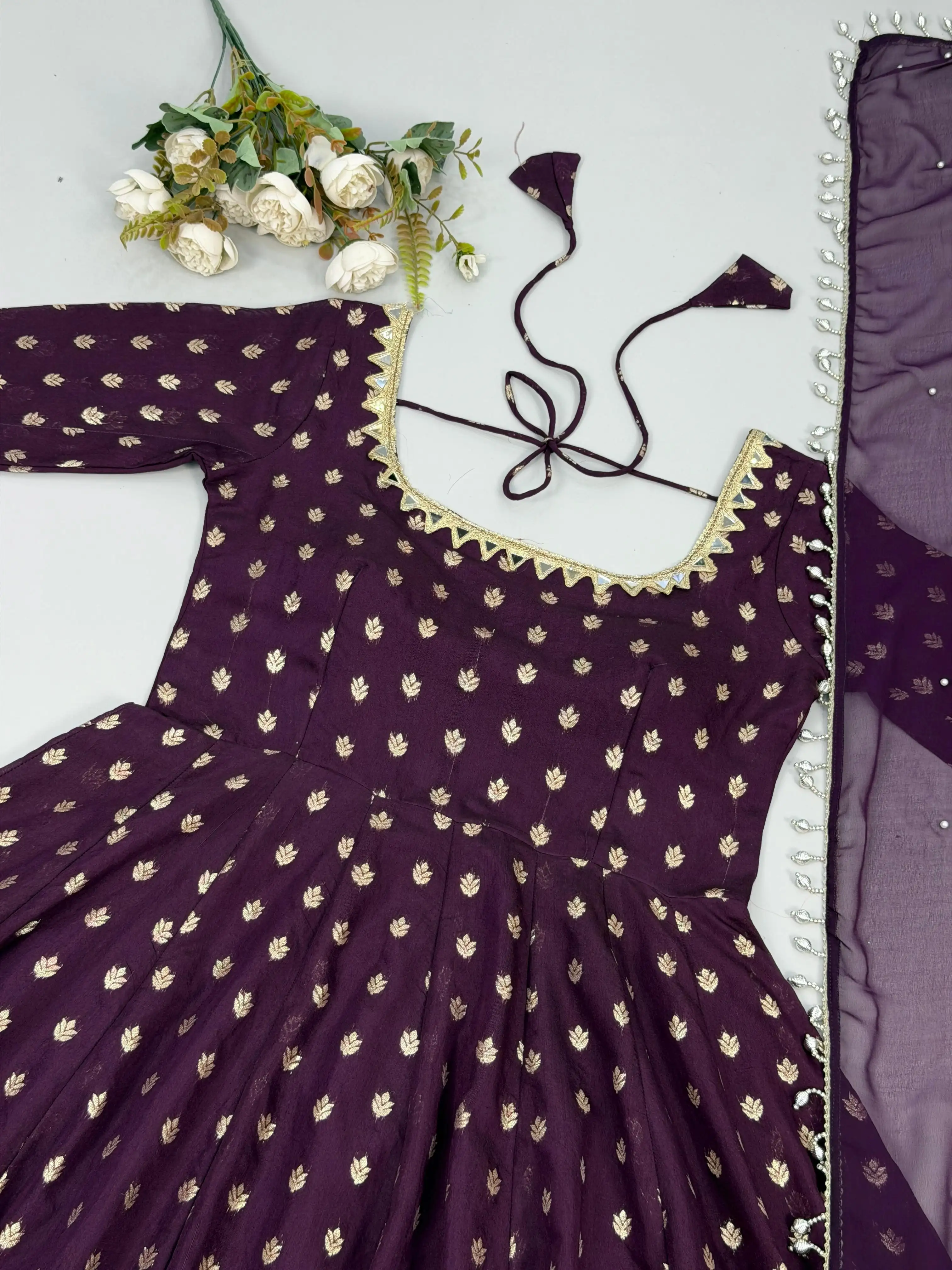 One Level Up Chanderi Jacquard Butti Gown Set