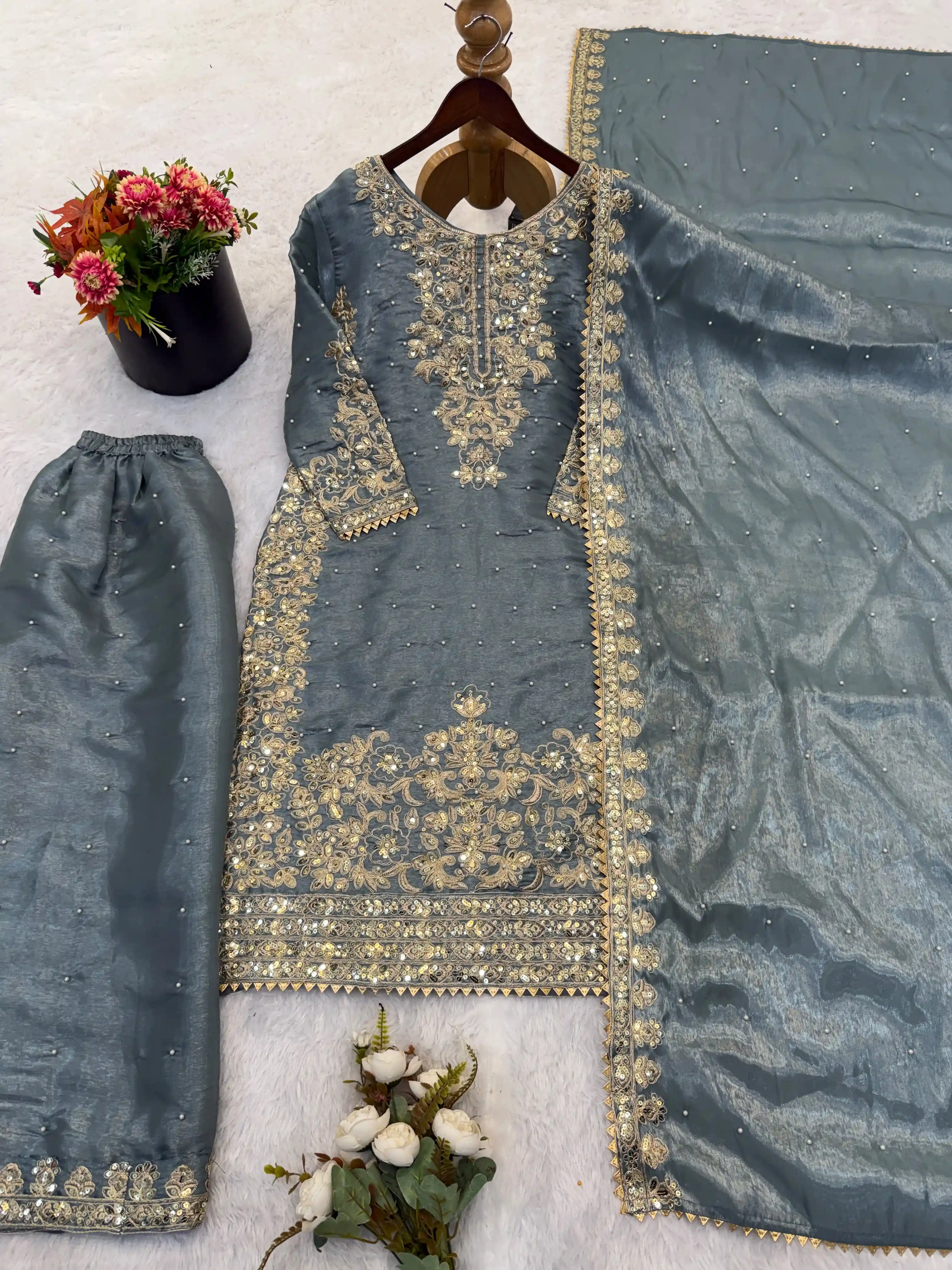 One Level Up GMY Silk Embroidered Suit Set