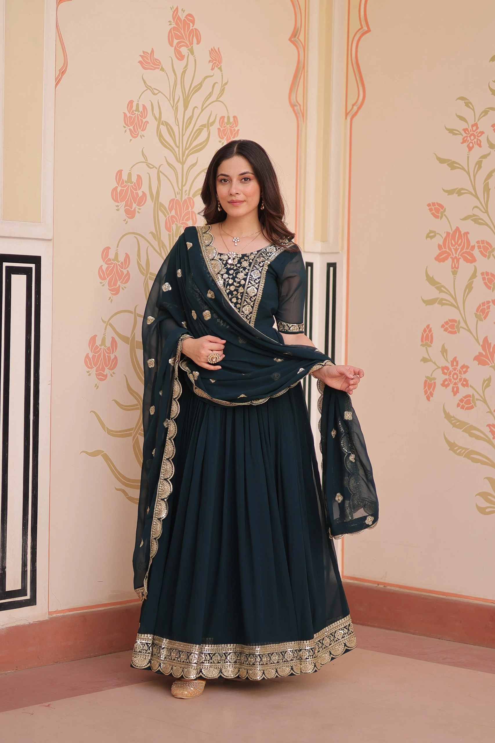 Premium Designer Faux Blooming Embroidered Gown Set