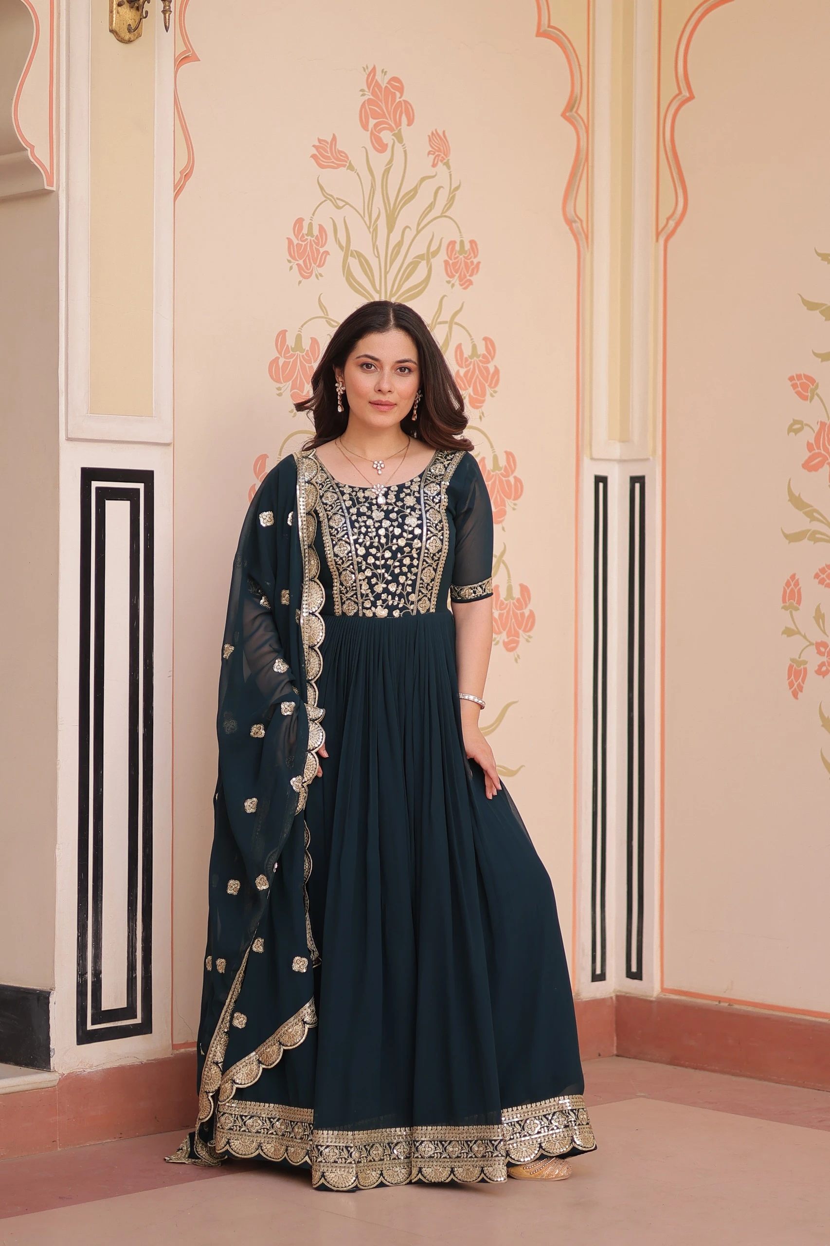 Premium Designer Faux Blooming Embroidered Gown Set
