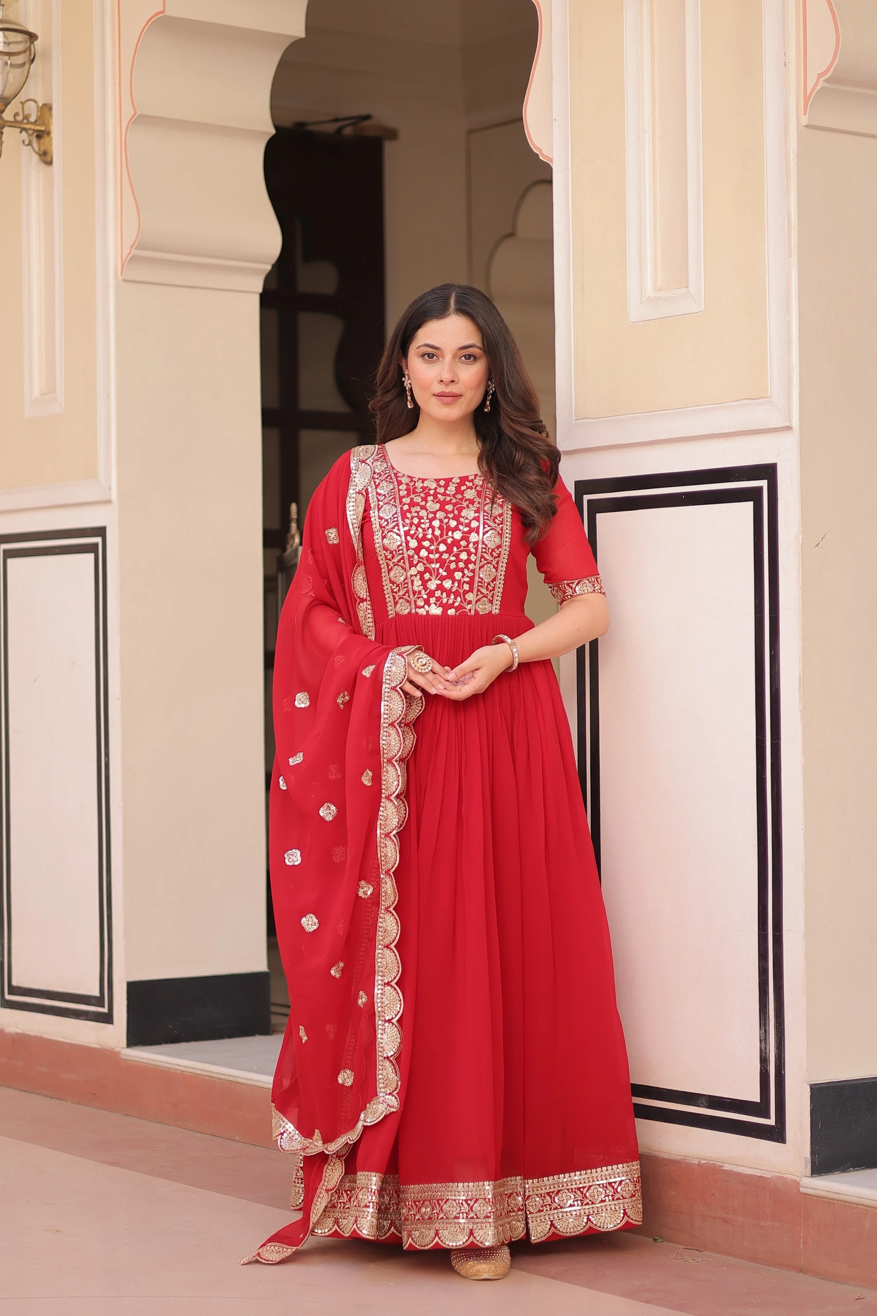 Premium Designer Faux Blooming Embroidered Gown Set