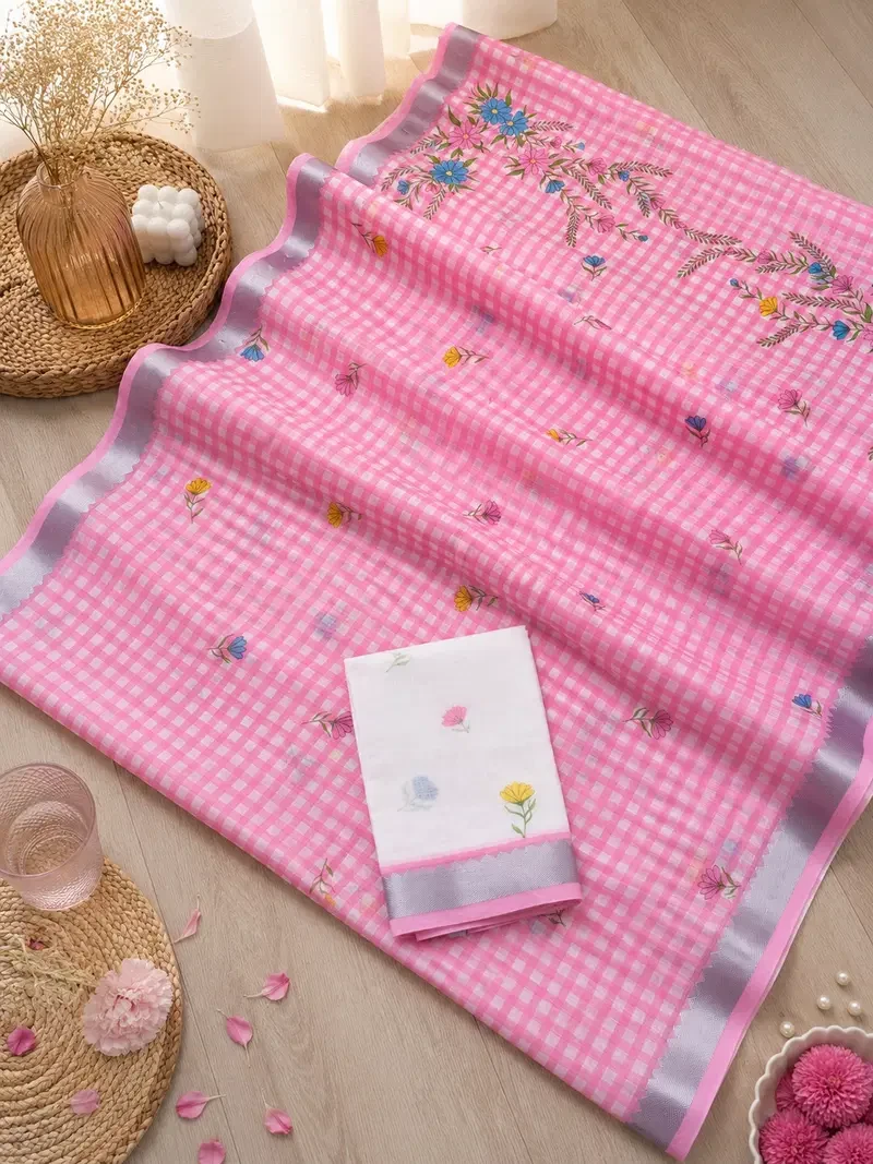 Scmg Checks B Linen Floral Printed Saree Collection