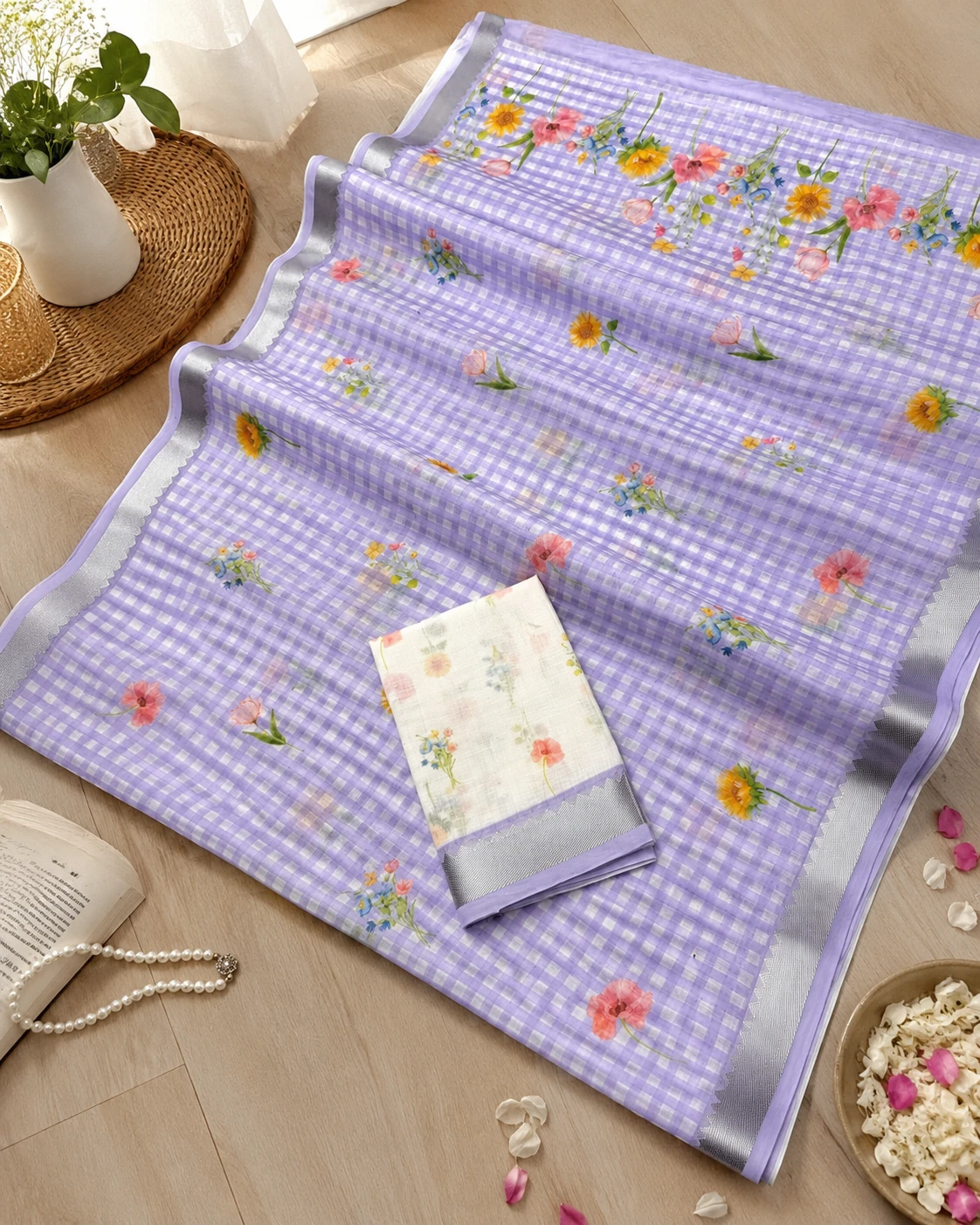 Scmg Checks B Linen Floral Printed Saree Collection