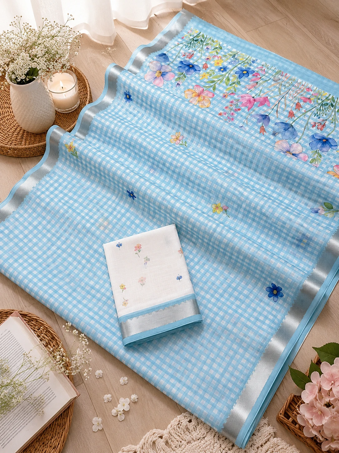 Scmg Checks B Linen Floral Printed Saree Collection