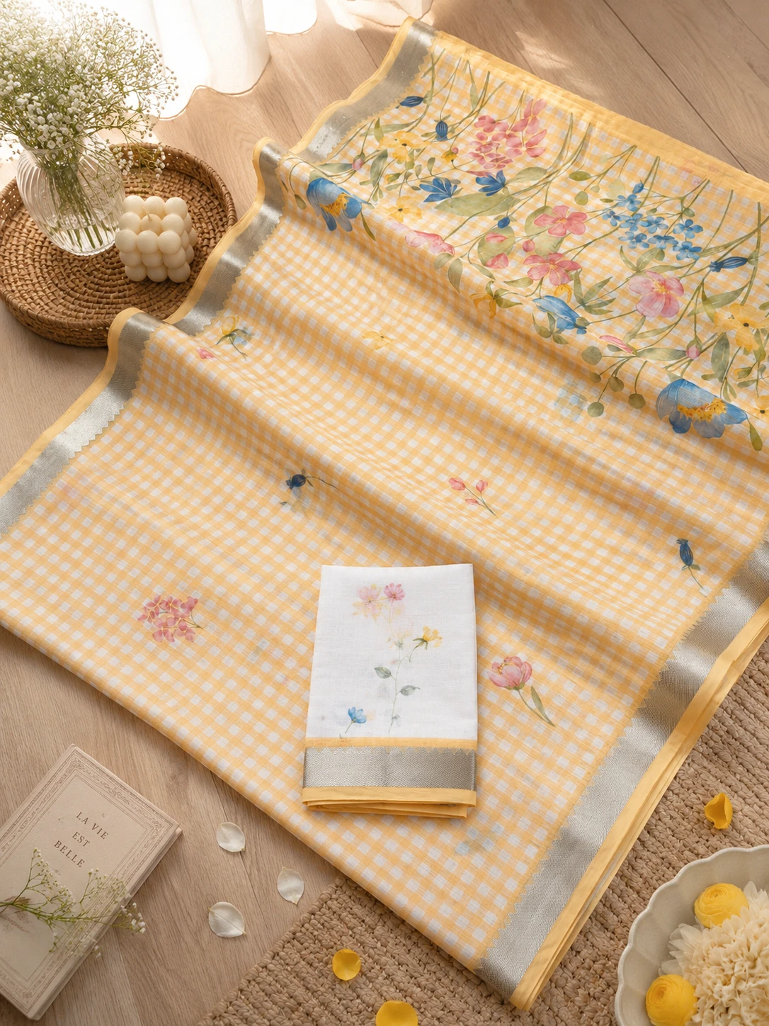 Scmg Checks B Linen Floral Printed Saree Collection