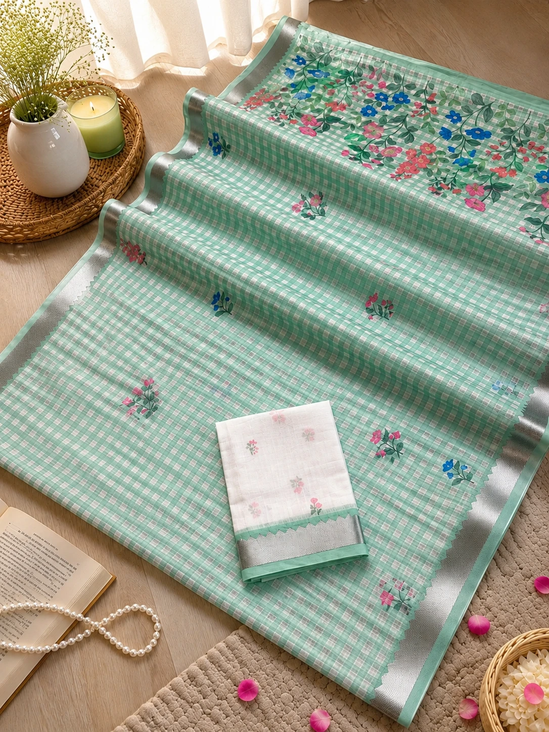 Scmg Checks B Linen Floral Printed Saree Collection