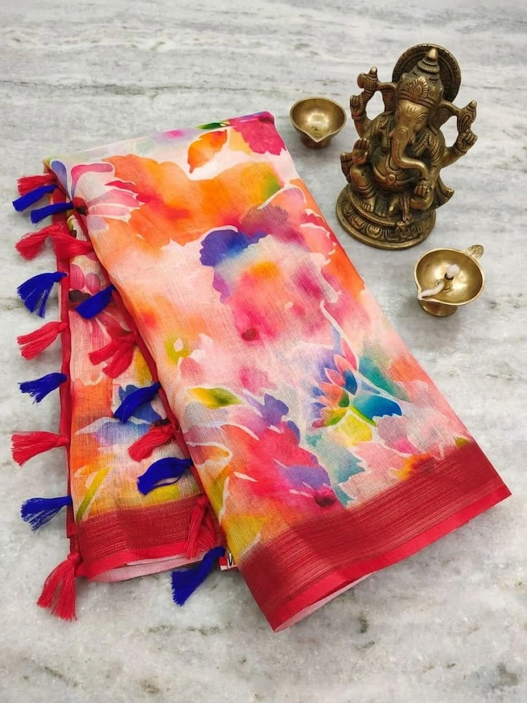 Scmg Flora a Linen Woven Floral Printed Saree Collection
