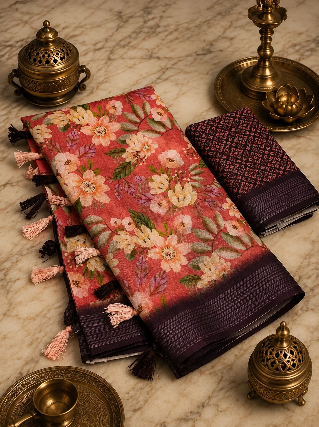 Scmg Flora B Linen Floral Printed Saree Collection