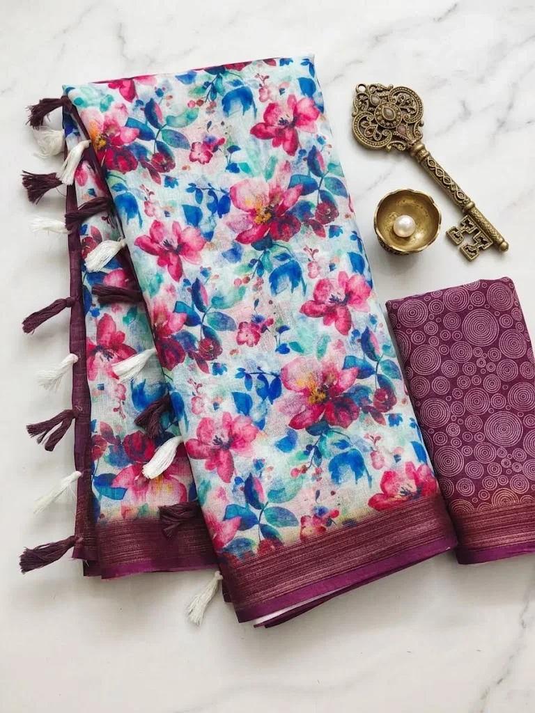 Scmg Flora B Linen Floral Printed Saree Collection