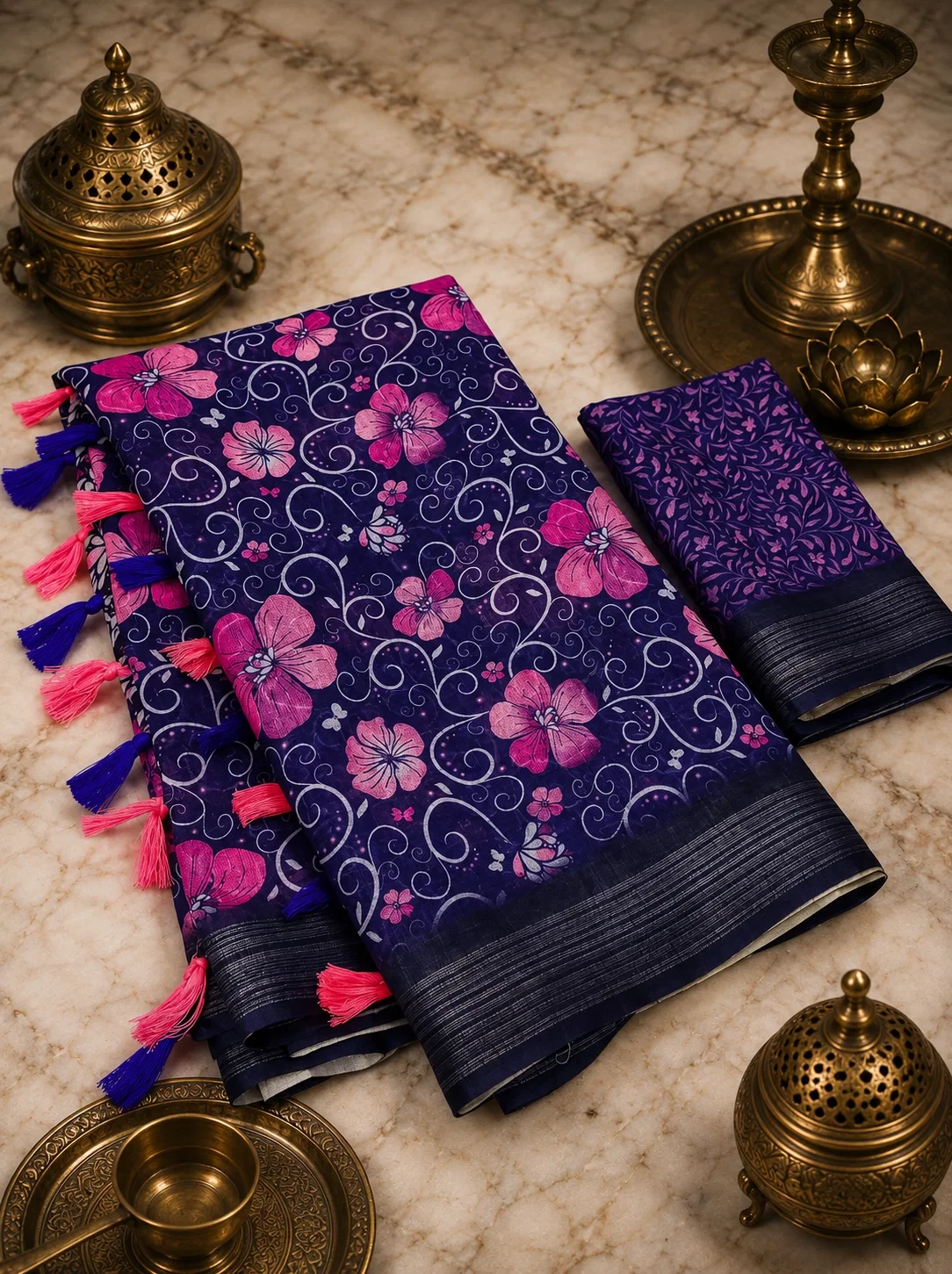Scmg Flora B Linen Floral Printed Saree Collection