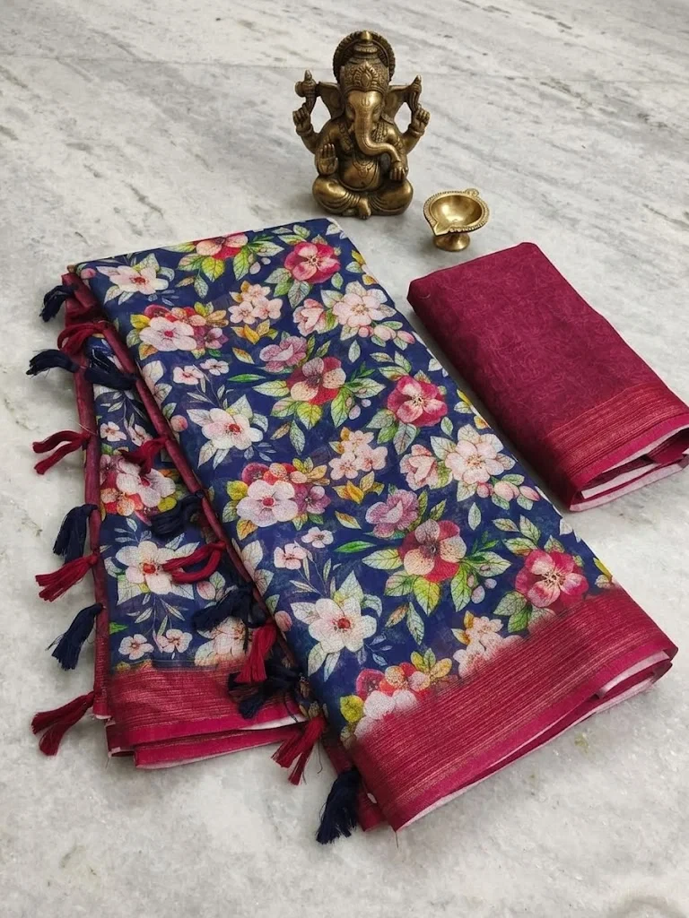 Scmg Flora B Linen Floral Printed Saree Collection