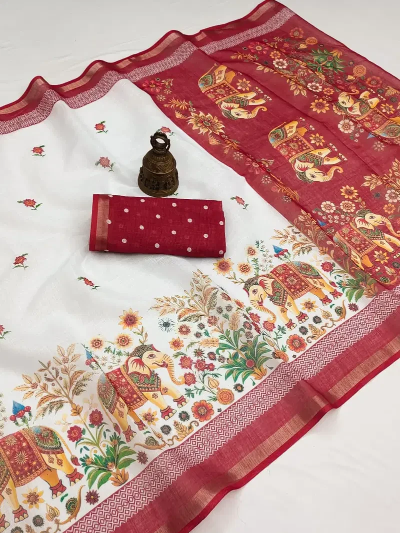 Scmg Flora C Linen Ethnic Motif Printed Saree Collection