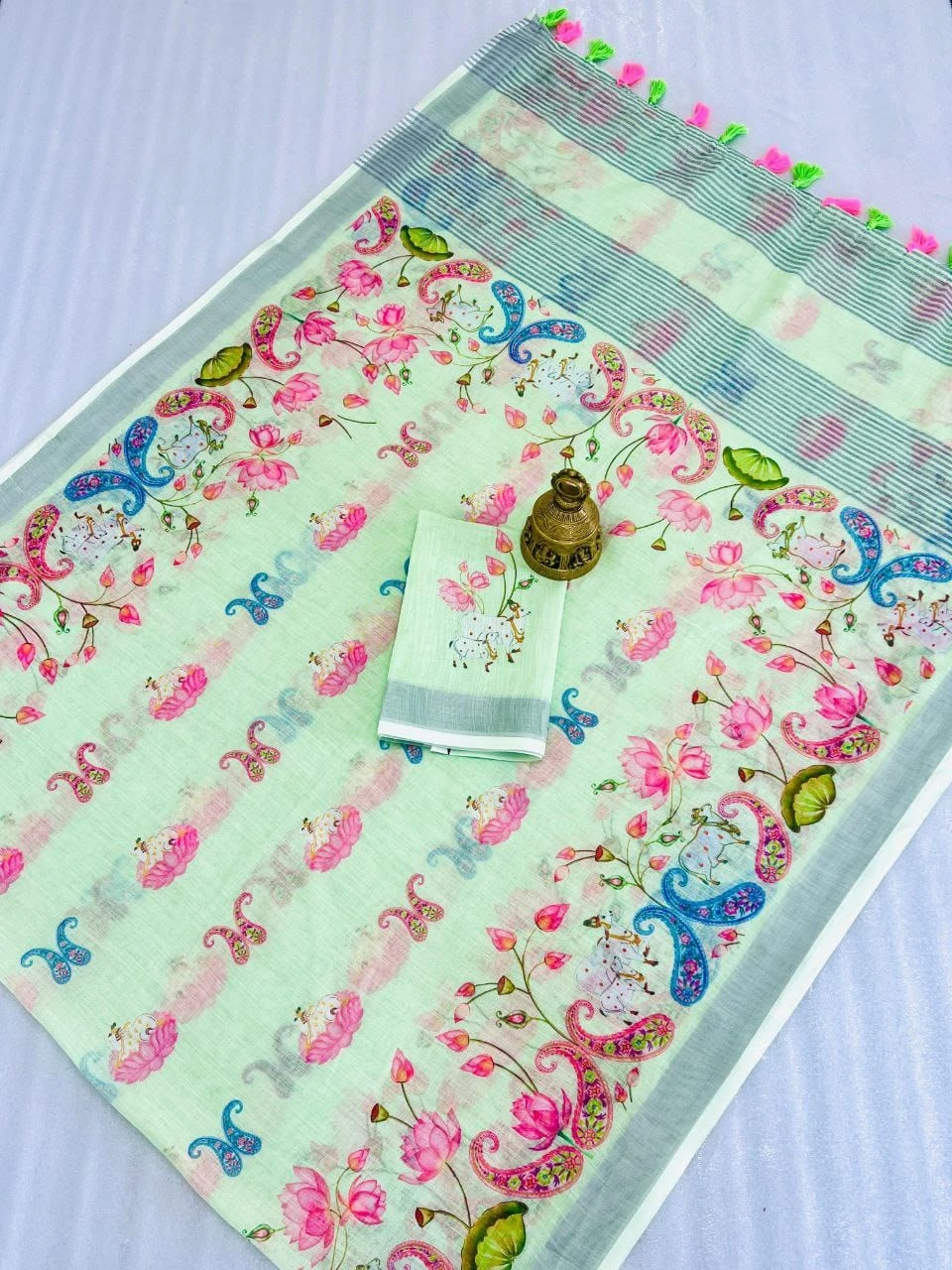 Scmg Pichwai Linen Printed Fancy Saree Collection