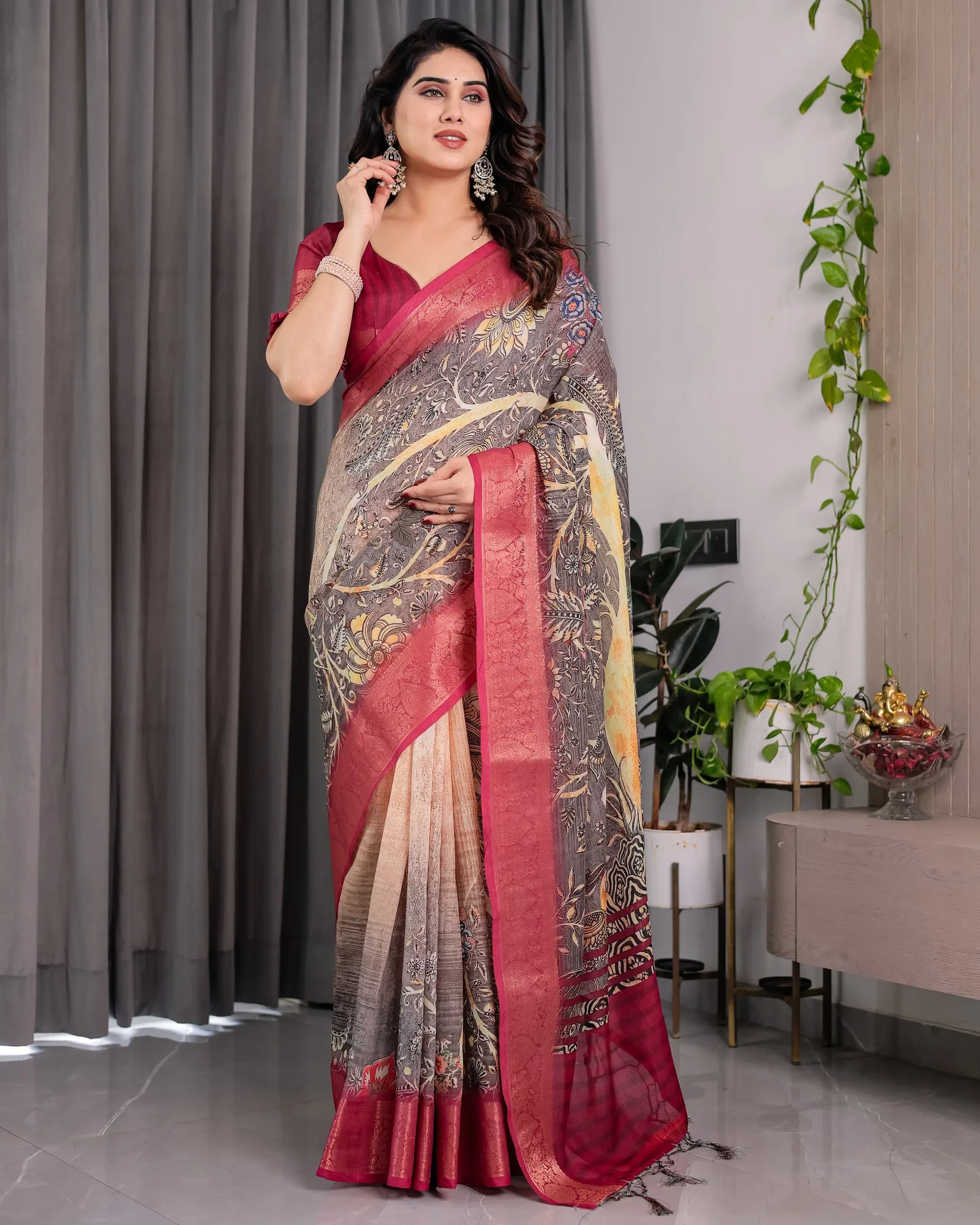 Sh Lj 01 to 07 Handloom Linen Floral Printed Saree Collection