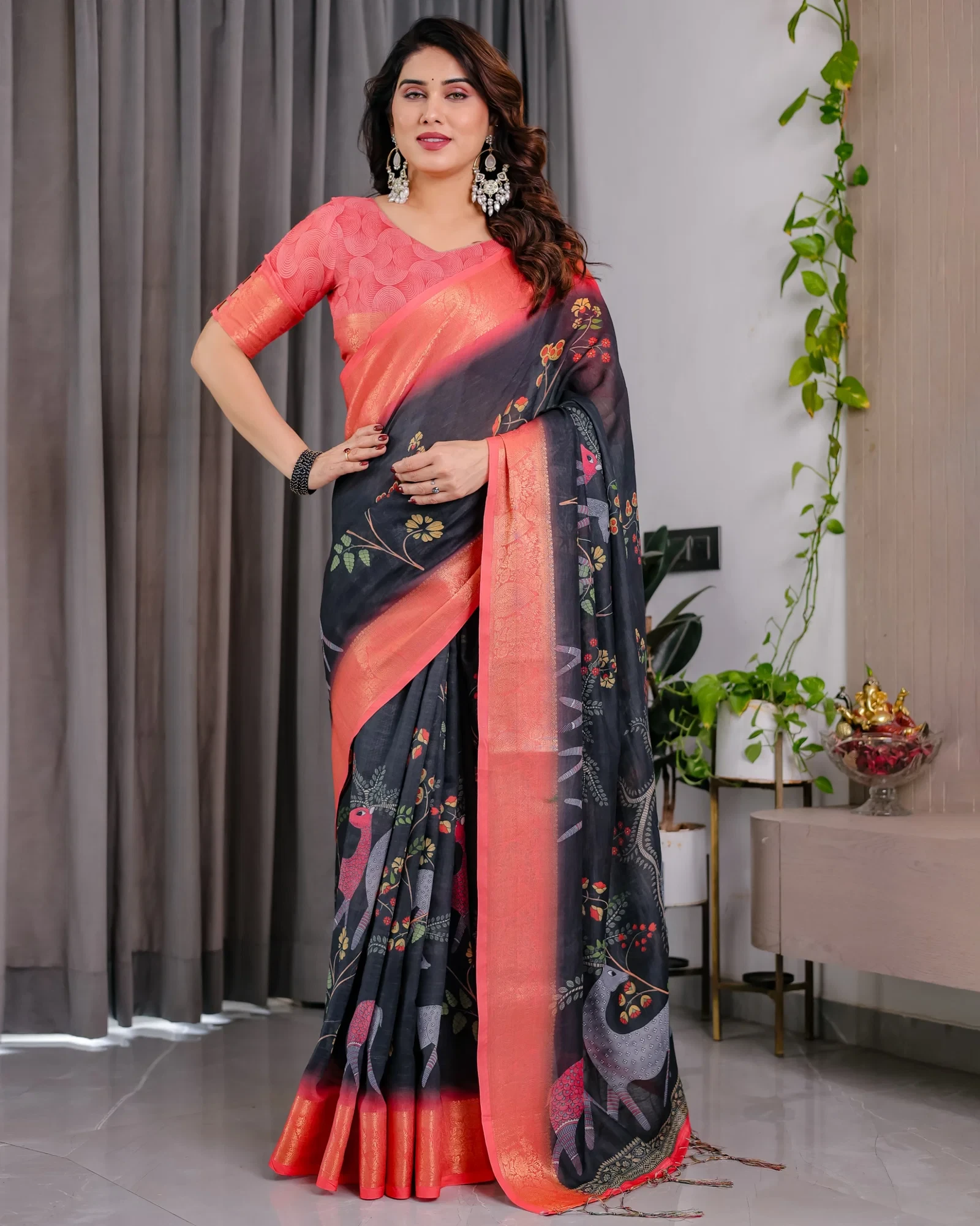 Sh Lj 01 to 07 Handloom Linen Floral Printed Saree Collection