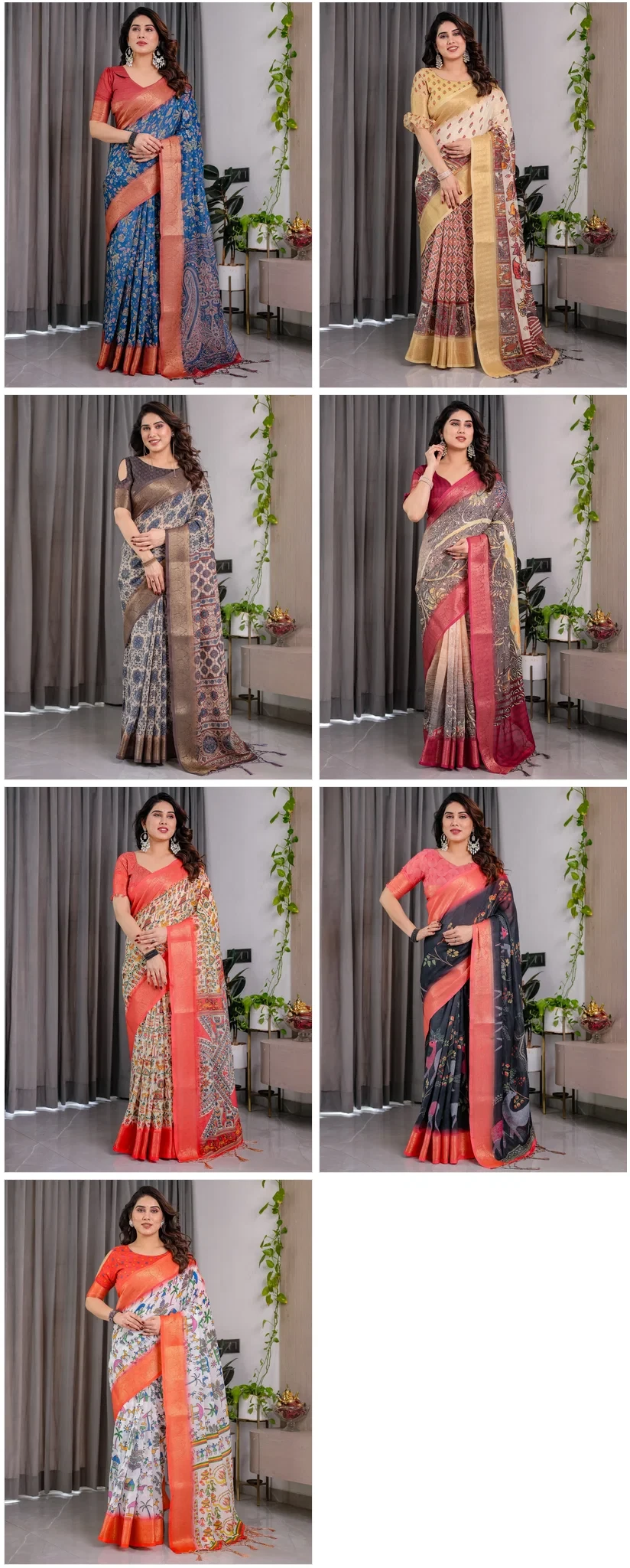 Sh Lj 01 to 07 Handloom Linen Floral Printed Saree Collection