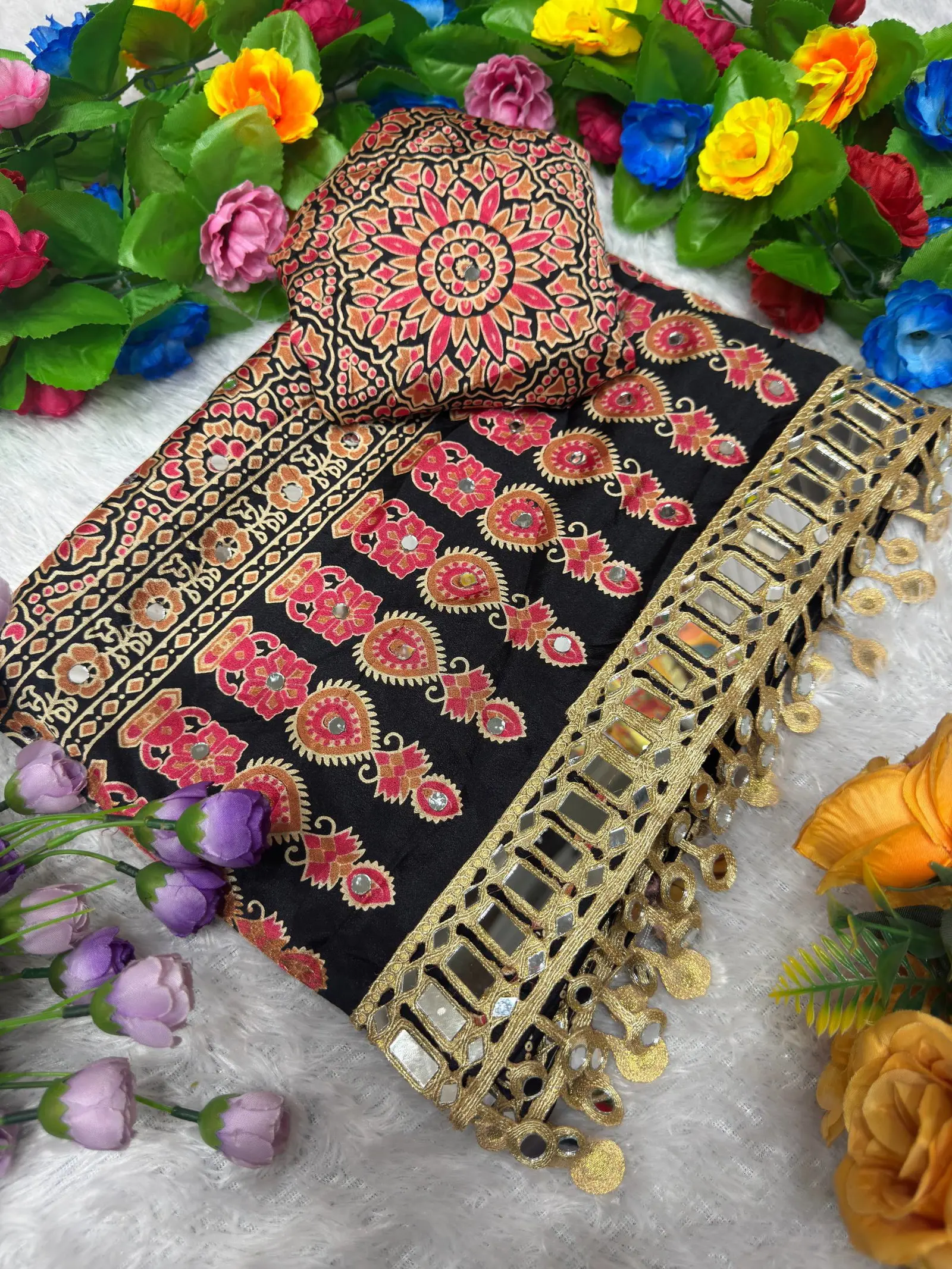 St D No 136 Pure Ajrakh Satin Viscose Silk Saree Collection