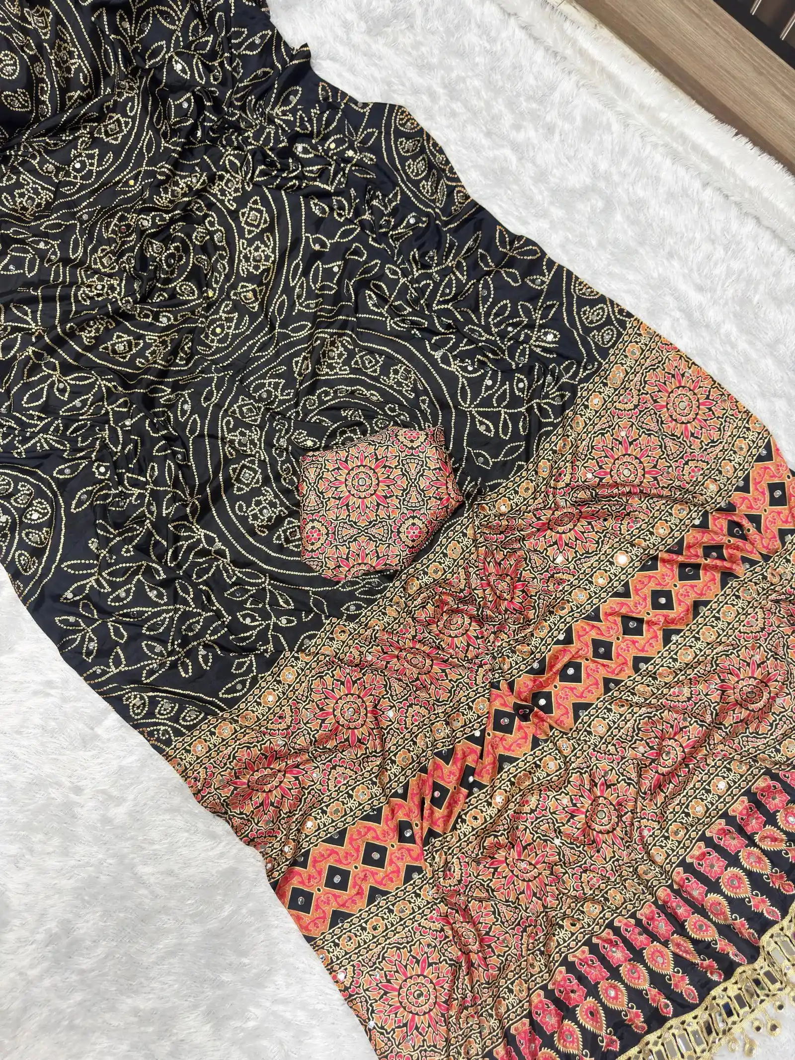 St D No 136 Pure Ajrakh Satin Viscose Silk Saree Collection