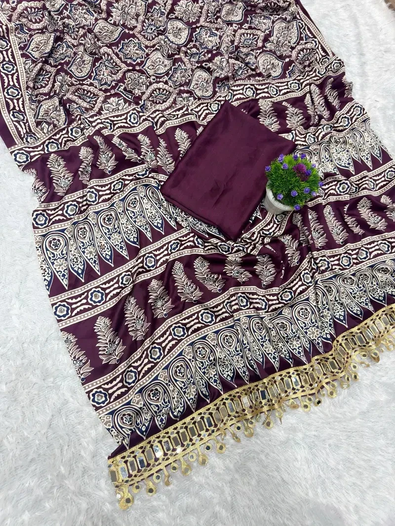 St D No 142 Satin Viscose Silk Pure Arjakh Printed Saree Collection