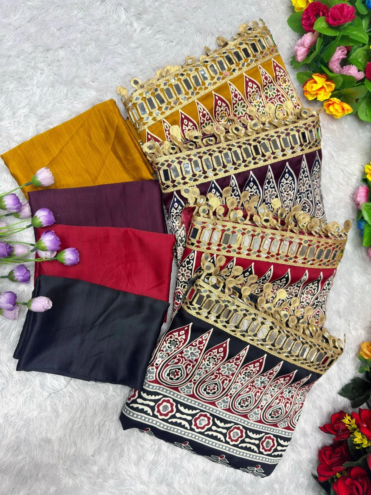 St D No 142 Satin Viscose Silk Pure Arjakh Printed Saree Collection
