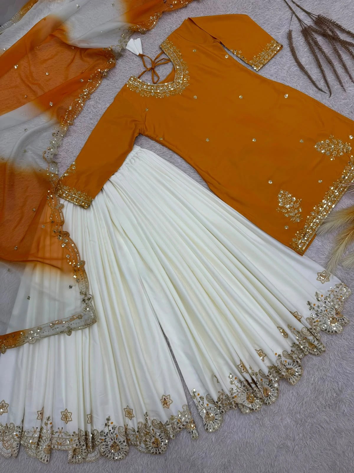 Stylish French Crepe Palazzo Set with Organza Dupatta