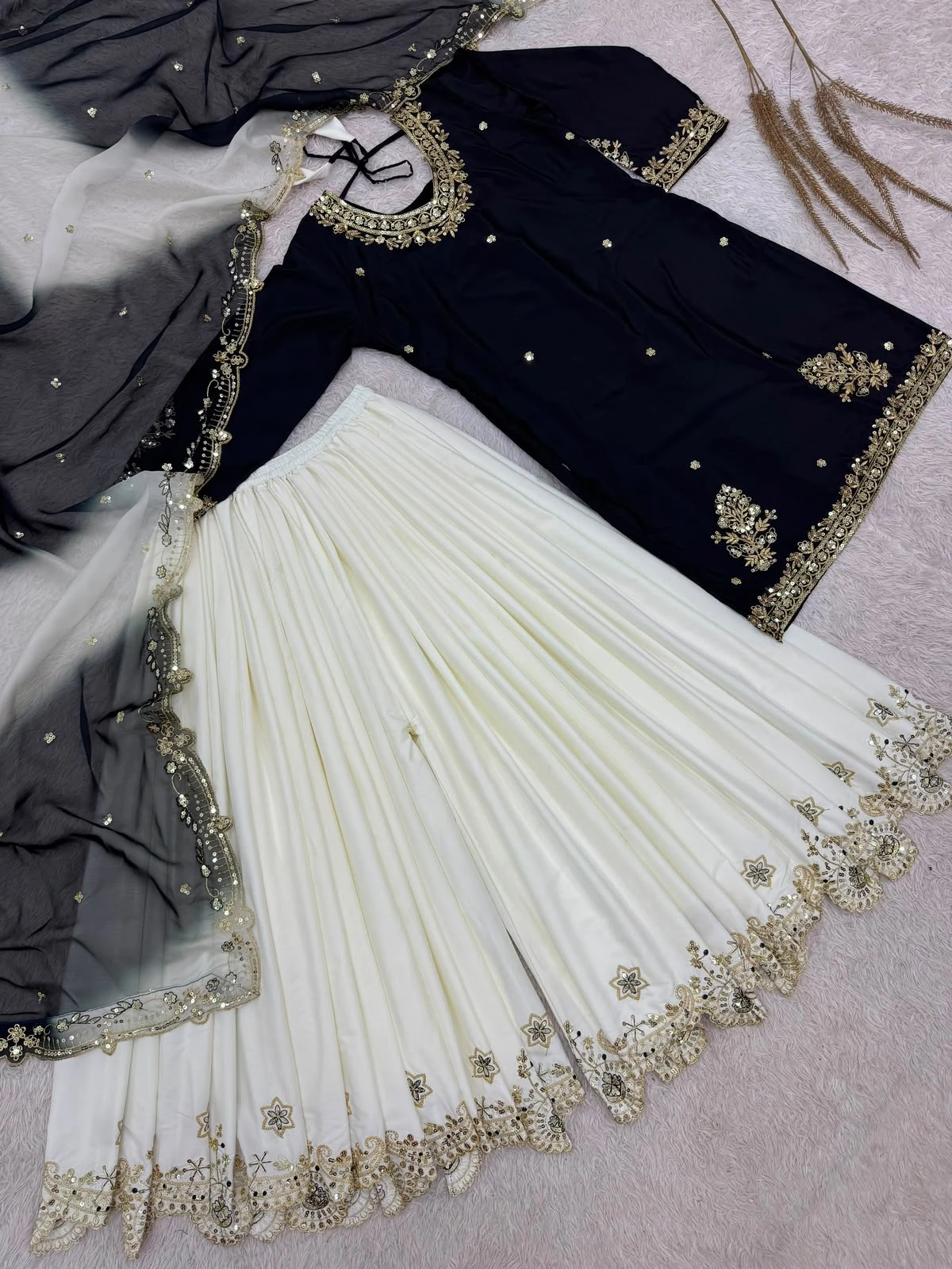 Stylish French Crepe Palazzo Set with Organza Dupatta