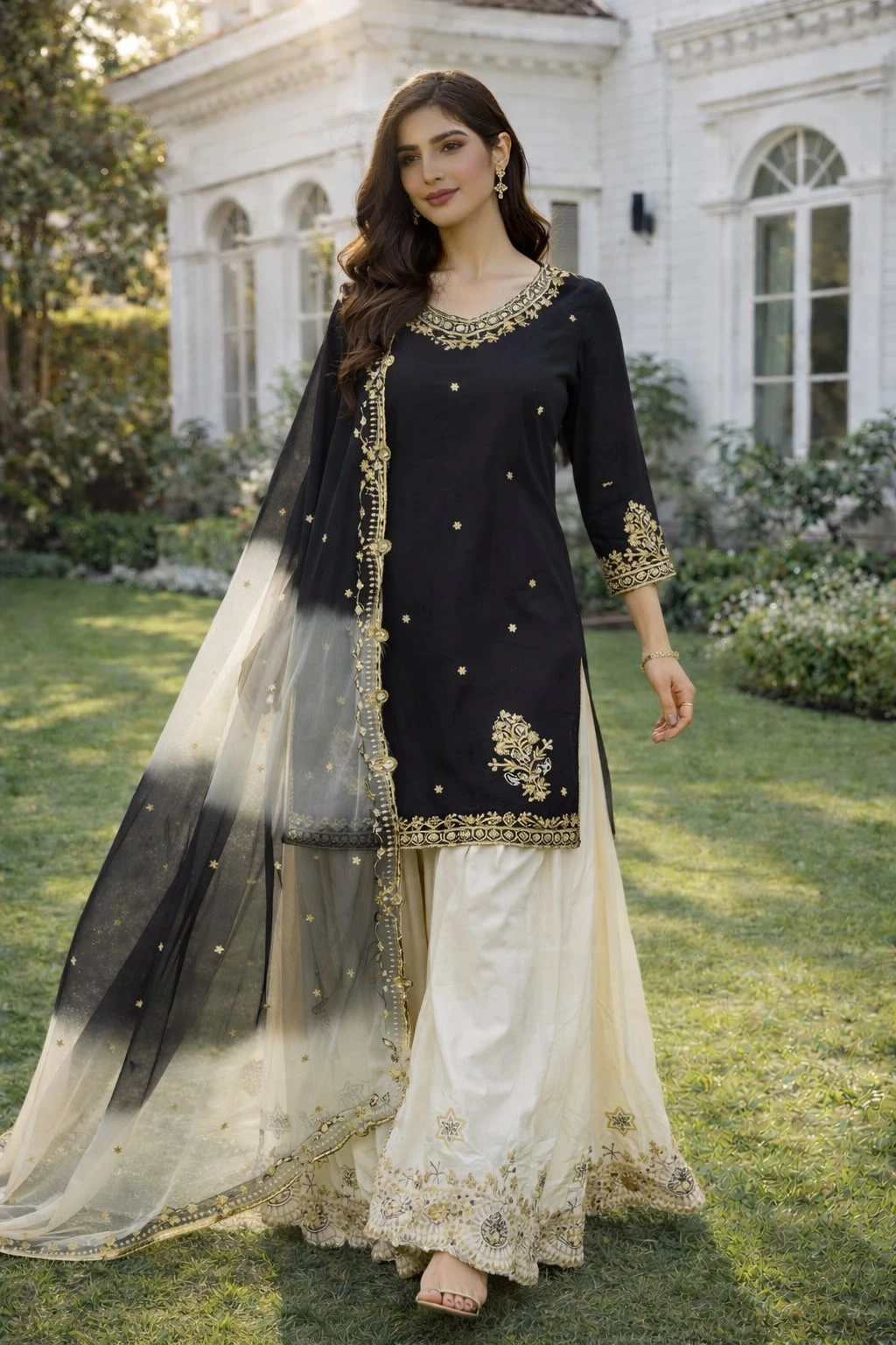 Stylish French Crepe Palazzo Set with Organza Dupatta
