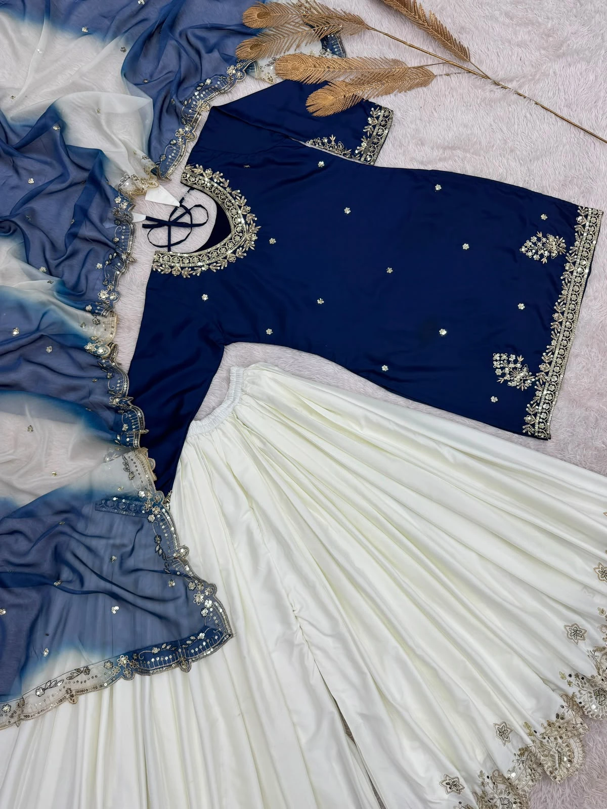 Stylish French Crepe Palazzo Set with Organza Dupatta
