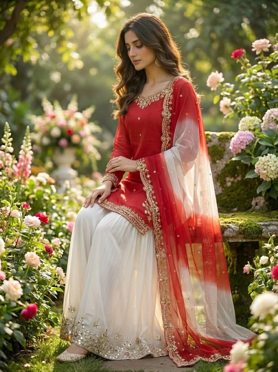 Stylish French Crepe Palazzo Set with Organza Dupatta