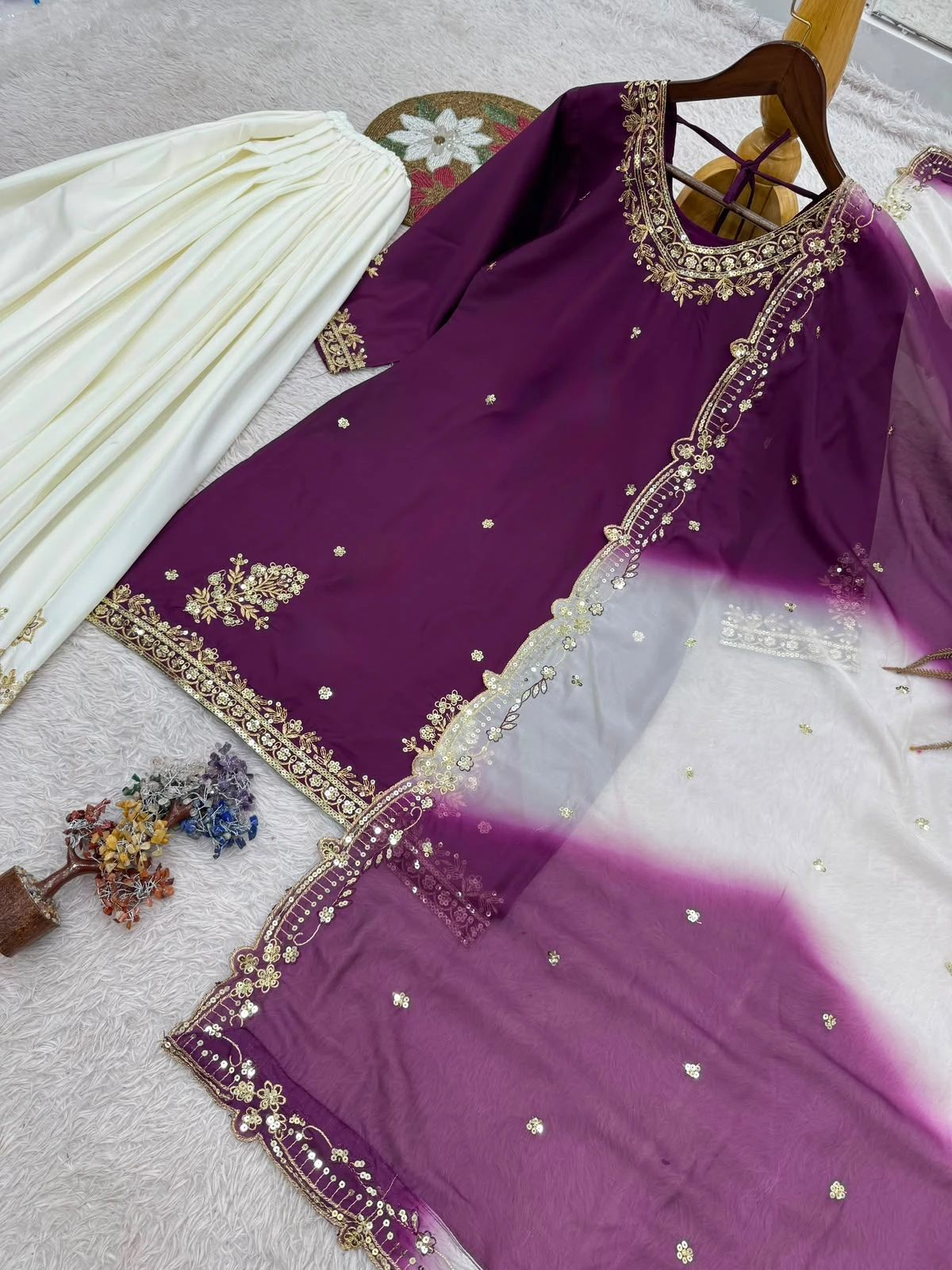 Stylish French Crepe Palazzo Set with Organza Dupatta