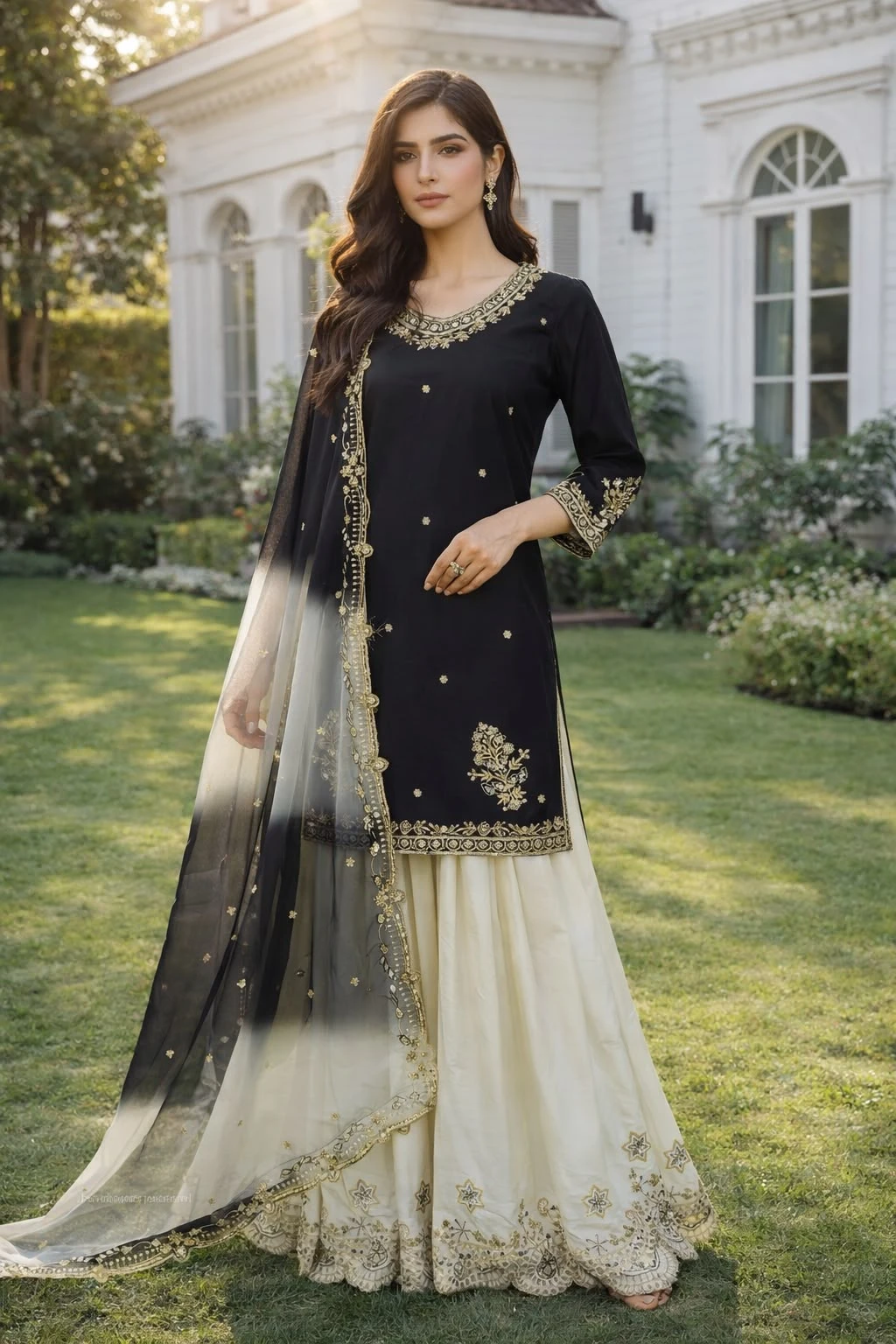 Stylish French Crepe Palazzo Set with Organza Dupatta
