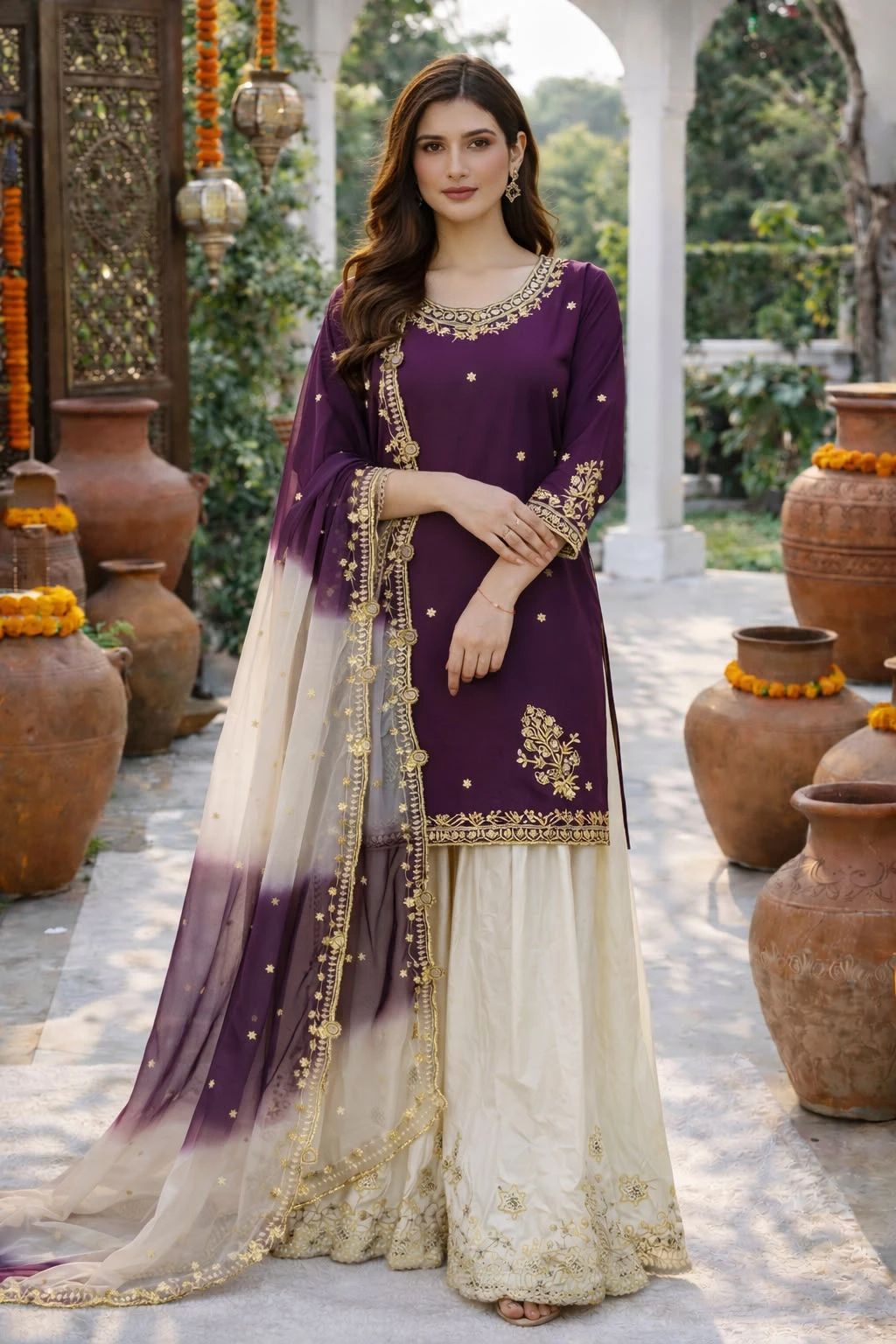 Stylish French Crepe Palazzo Set with Organza Dupatta