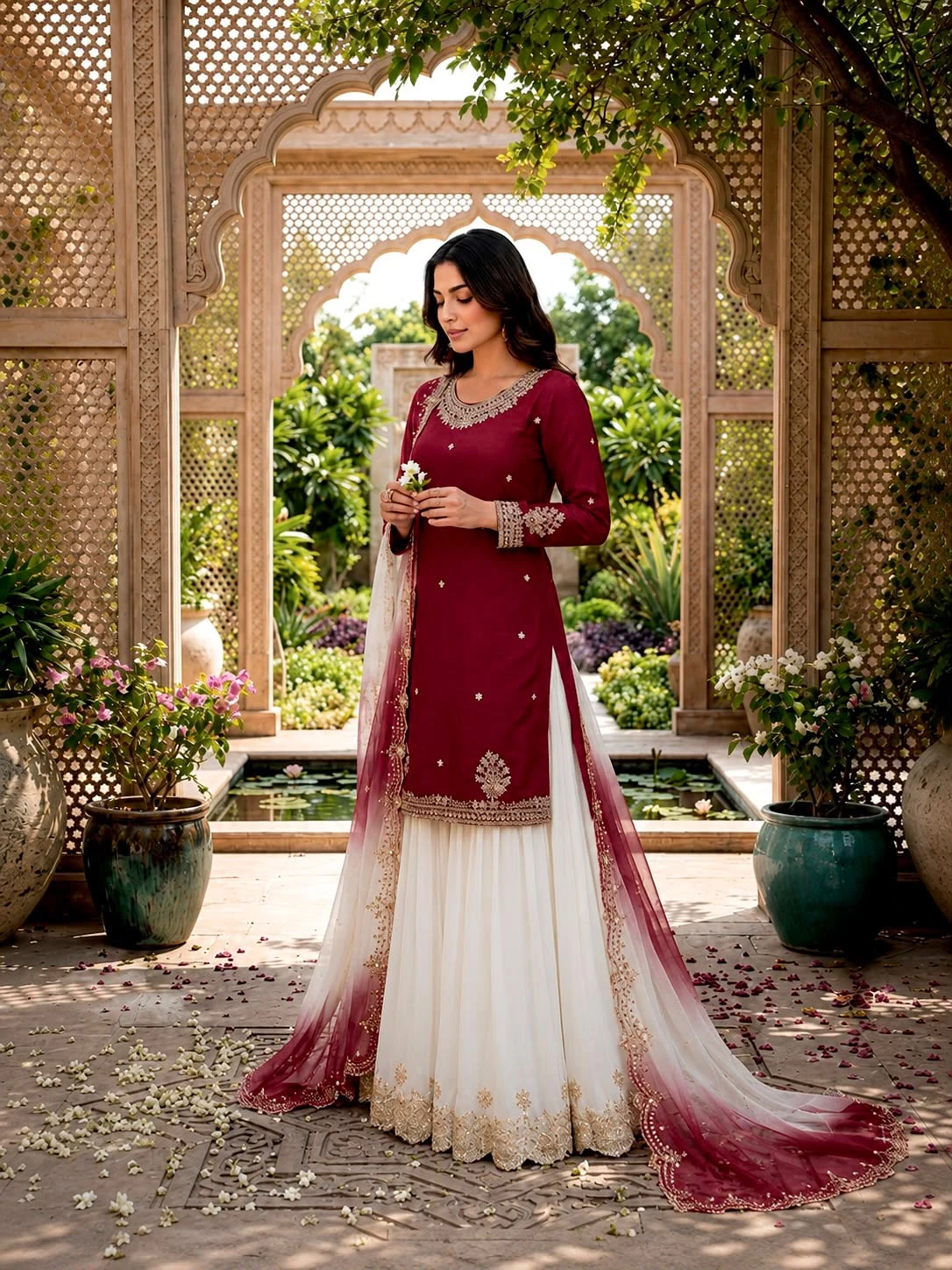 Stylish French Crepe Palazzo Set with Organza Dupatta