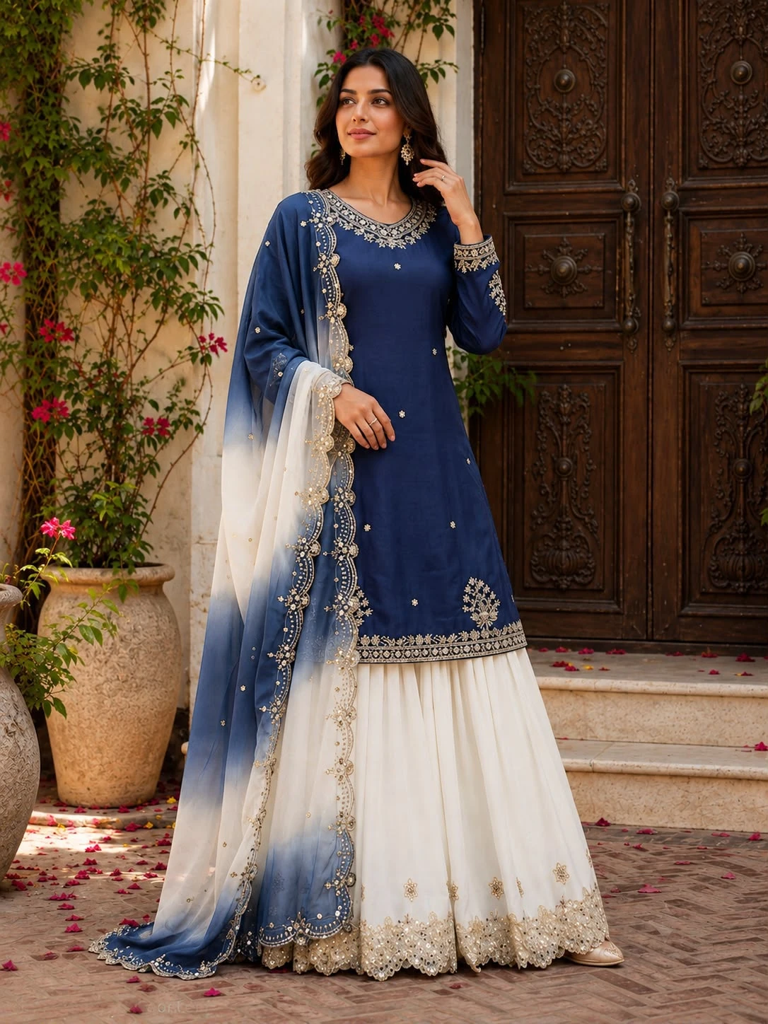 Stylish French Crepe Palazzo Set with Organza Dupatta